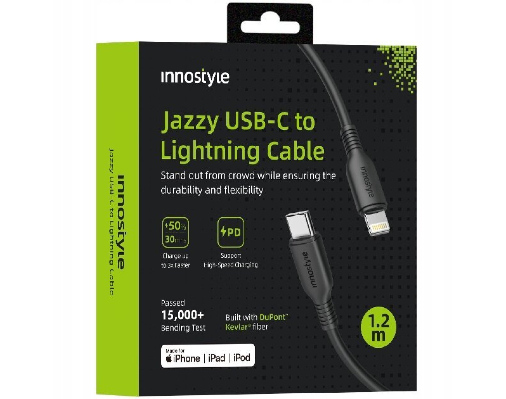 Innostyle Jazzy Kabel USB-C Lightning Mfi Szybkiego Ładowania Do iPhone Kevlar 1M Czarny