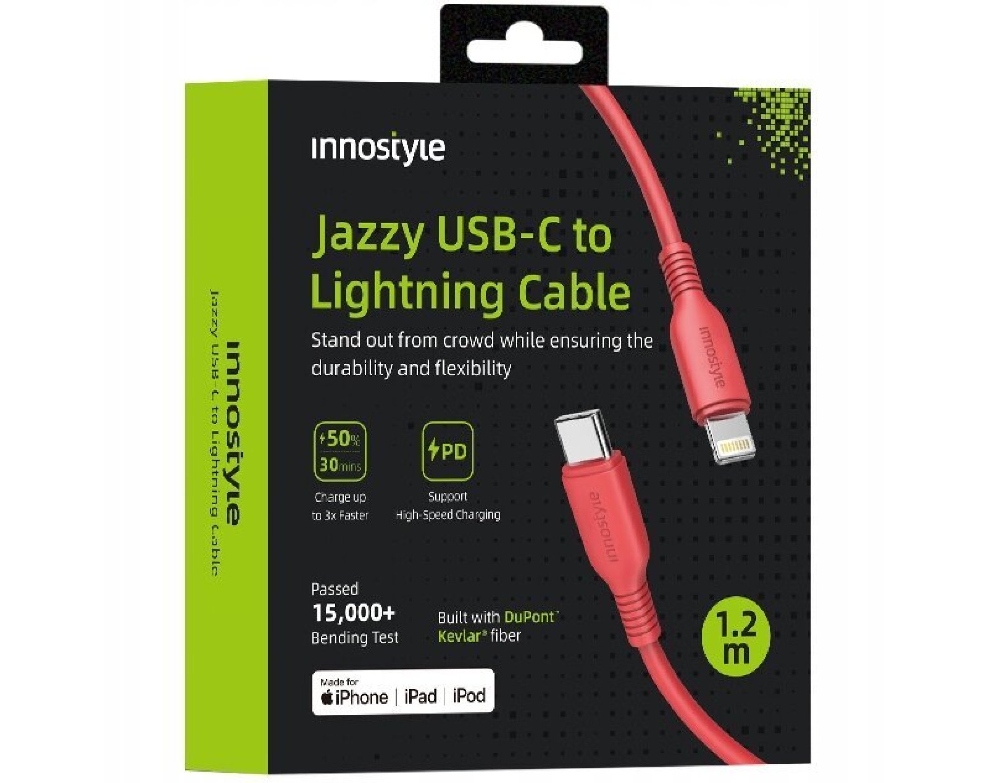 Innostyle Jazzy Kabel USB-C Lightning Mfi Szybkiego Ładowania Do iPhone Kevlar 1M Czerwony