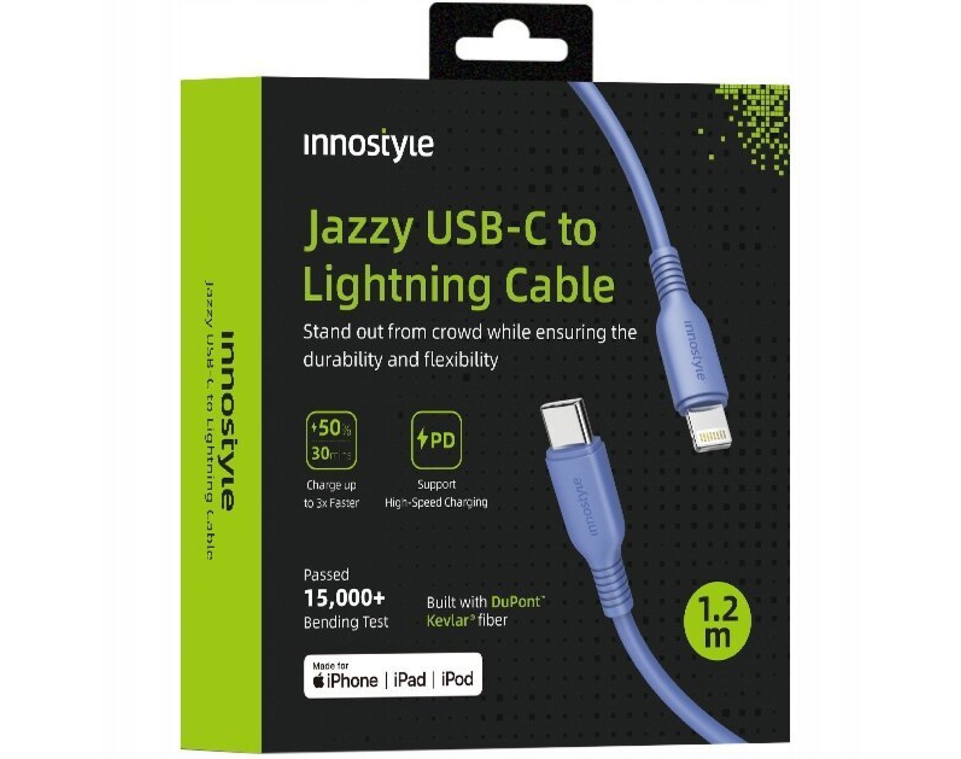 Innostyle Jazzy Kabel USB-C Lightning Mfi Szybkiego Ładowania Do iPhone Kevlar 1M Niebieski