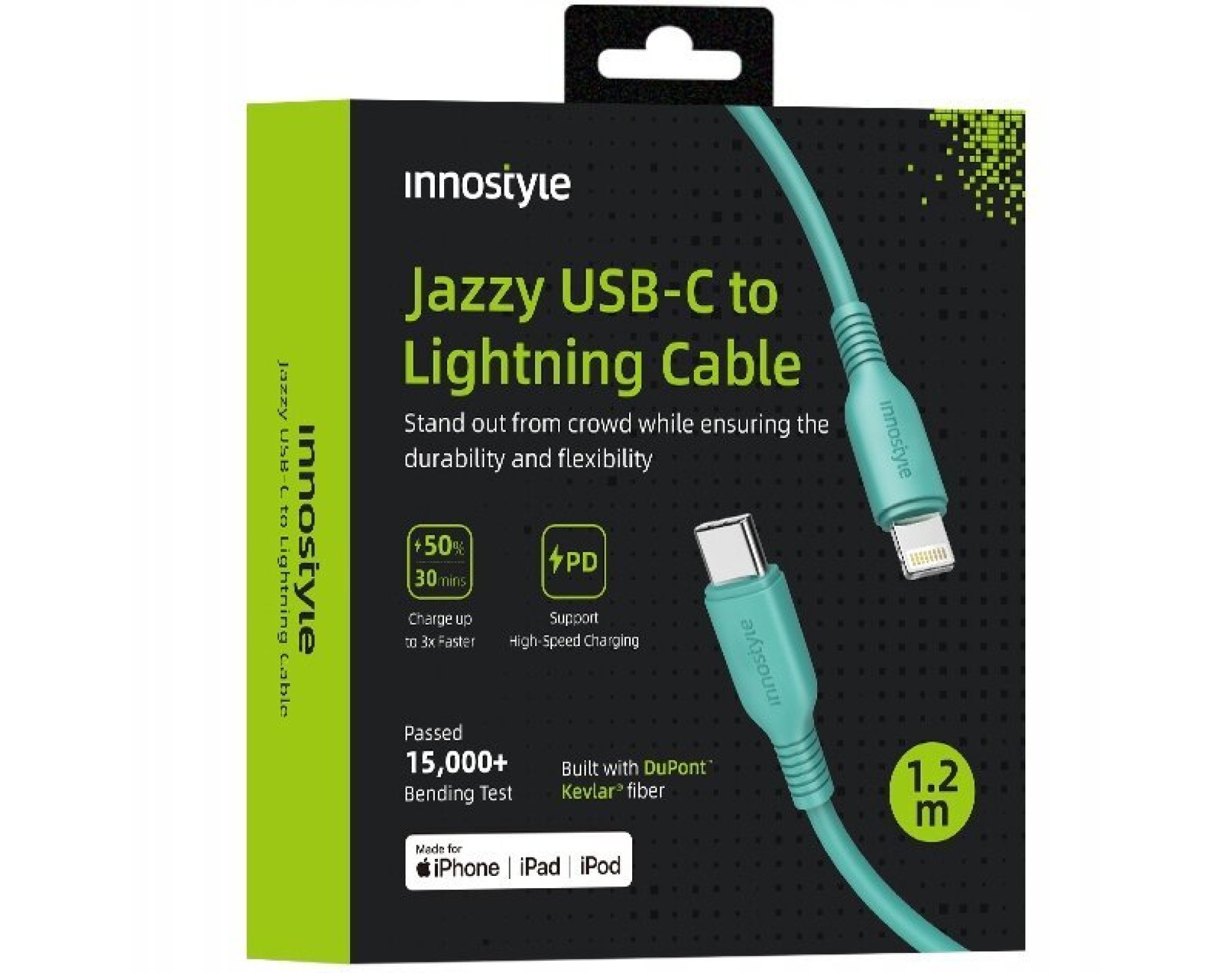 Innostyle Jazzy Kabel USB-C Lightning Mfi Szybkiego Ładowania Do iPhone Kevlar 1M Zielony