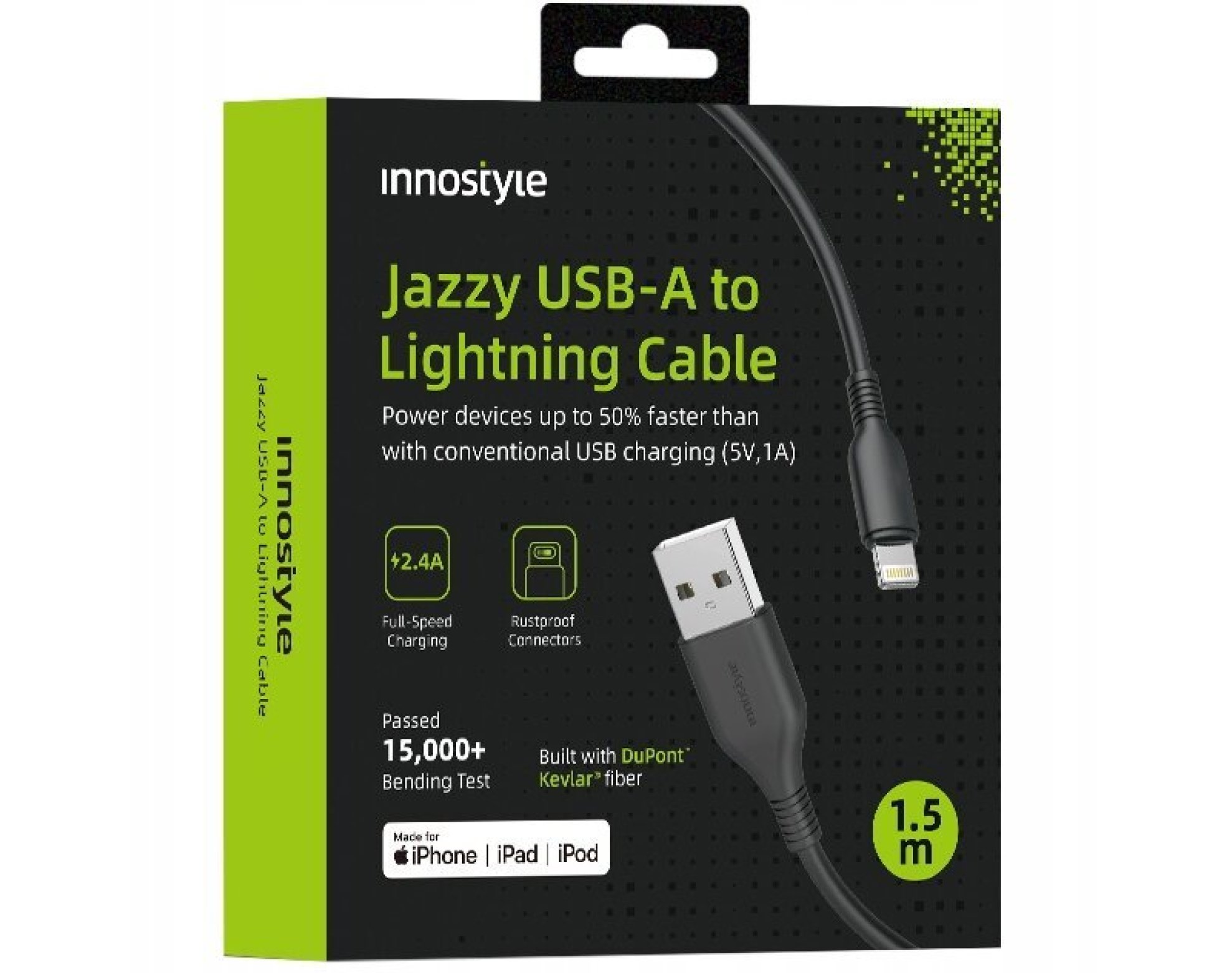 Innostyle Jazzy Kabel USB Lightning Mfi Szybkiego Ładowania Do iPhone Kevlar 2M Czarny