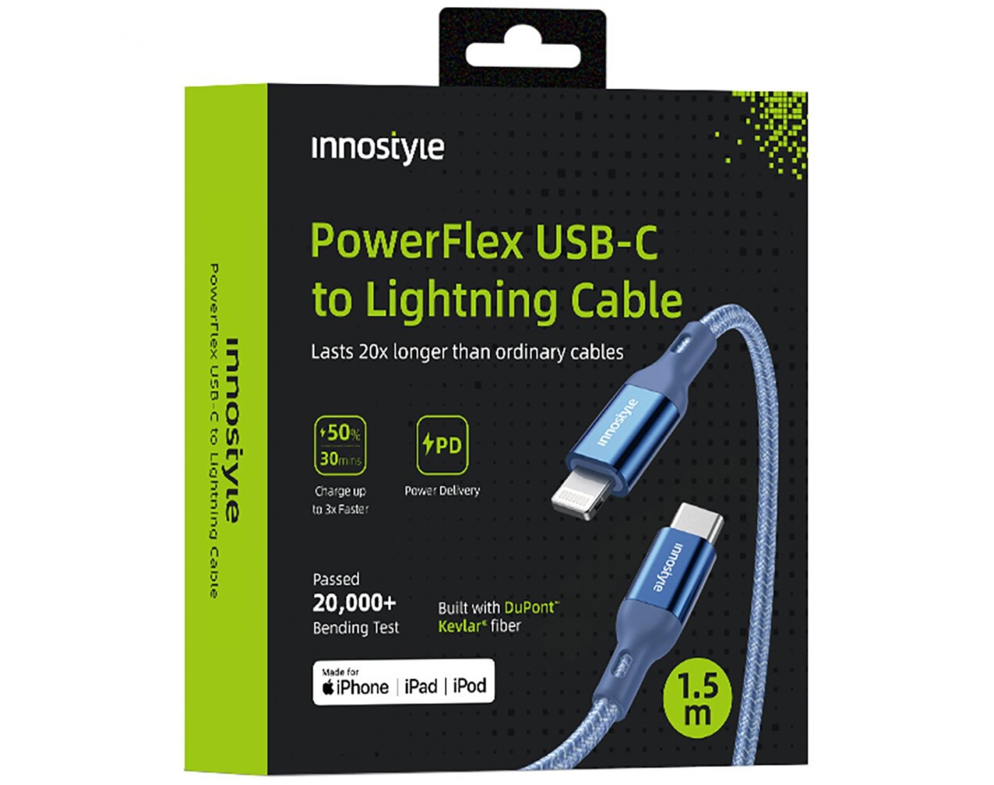 Innostyle Powerflex Kabel USB-C Lightning Mfi szybkiego ładowania do iPhone Kevlar 2M niebieski