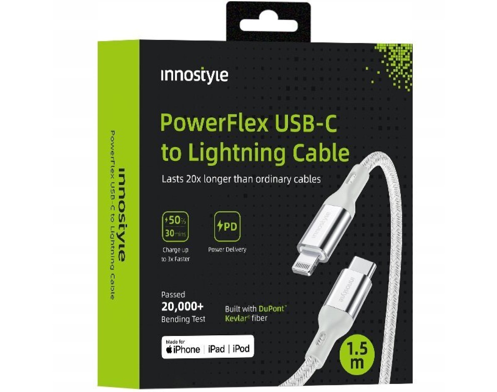 Innostyle Powerflex Kabel USB-C Lightning Mfi szybkiego ładowania do iPhone Kevlar 2M srebrny