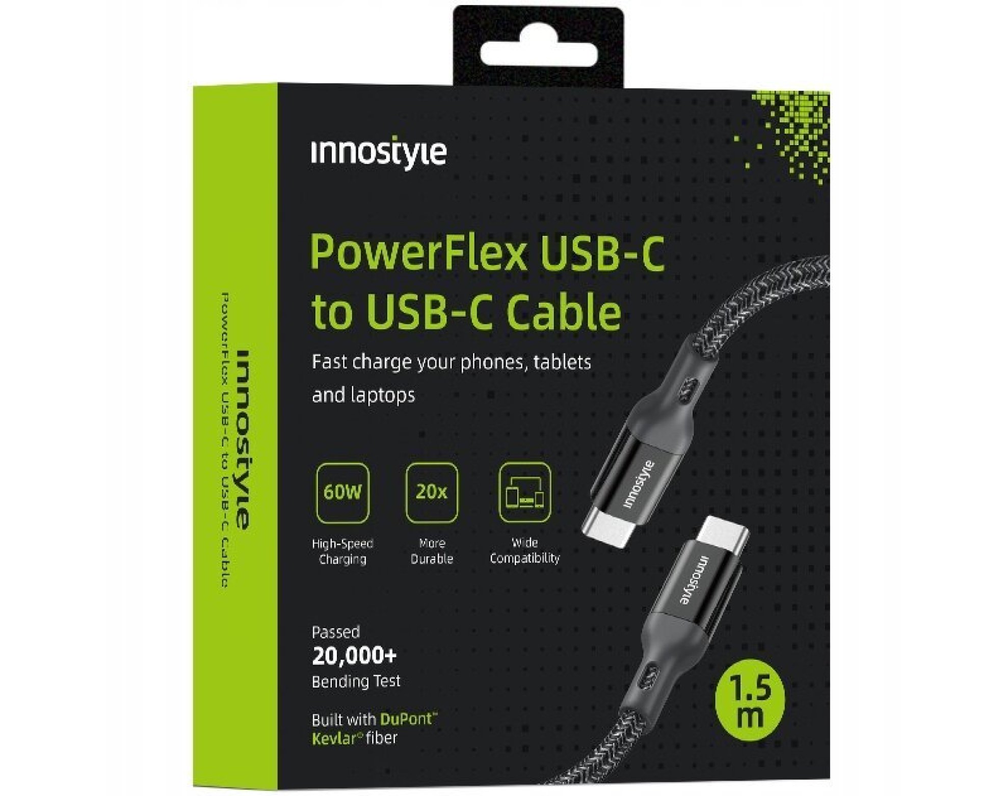 Innostyle Powerflex Kabel USB-C szybkie ładowanie do iPhone Samsung 3A 60W Kevlar 2M czarny