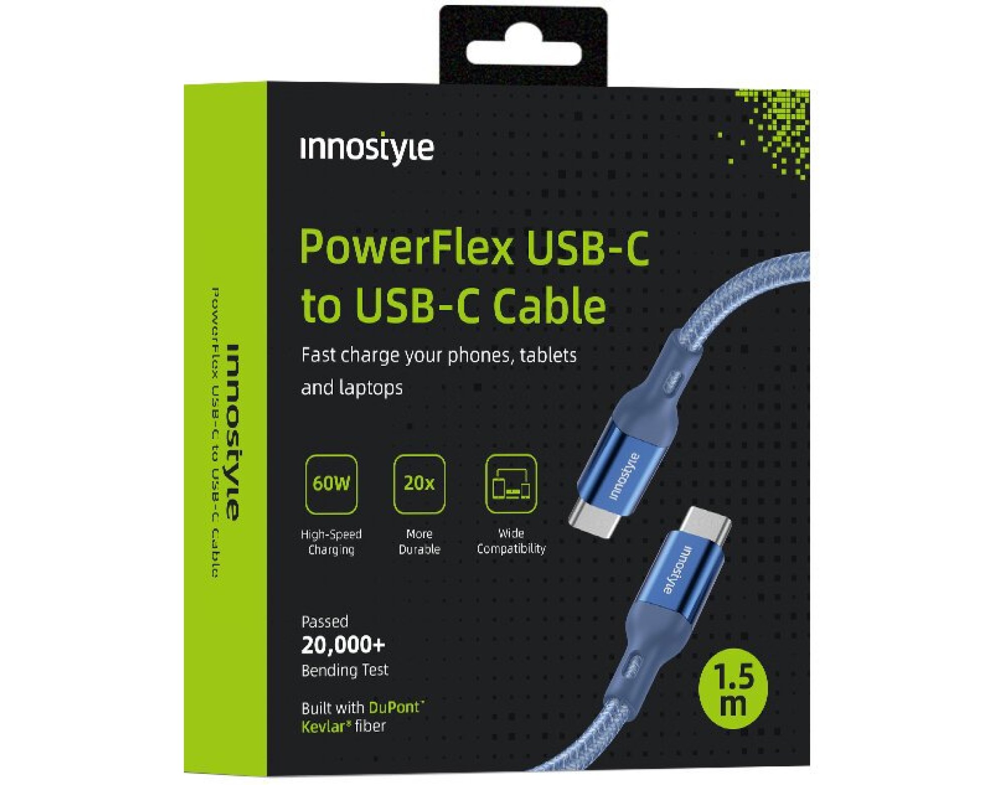 Innostyle Powerflex kabel USB-C szybkie ładowanie do iPhone Samsung 3A 60W Kevlar 2M niebieski