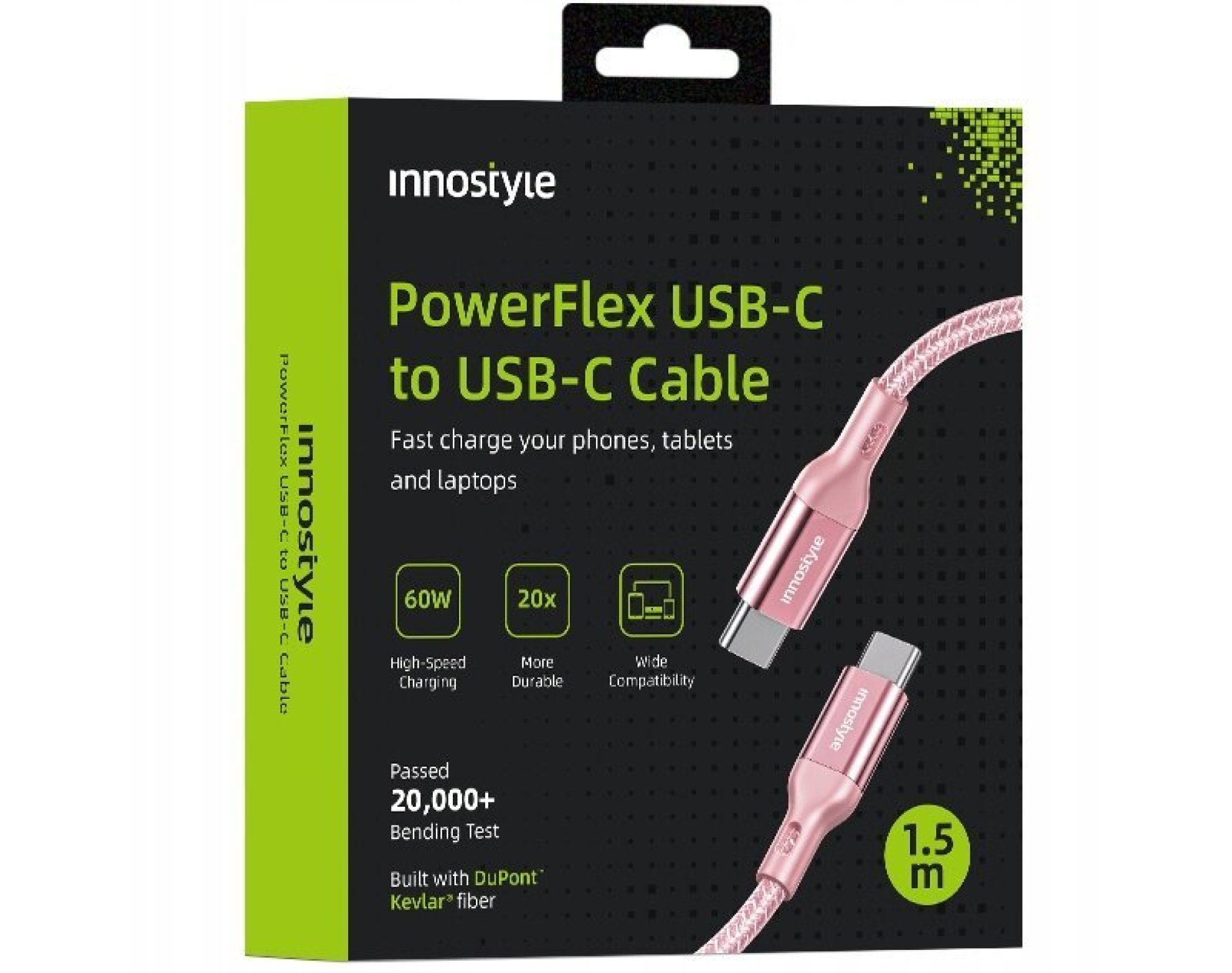 Innostyle Powerflex kabel USB-C szybkie ładowanie do iPhone Samsung 3A 60W Kevlar 2M różowy