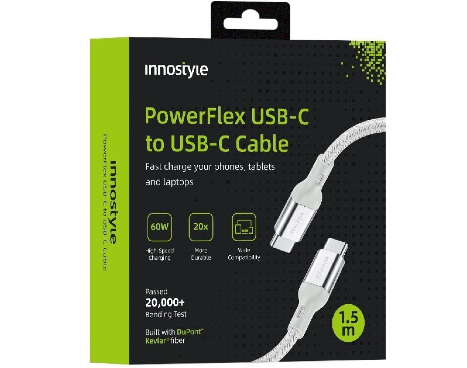 Innostyle Powerflex kabel USB-C szybkie ładowanie do iPhone Samsung 3A 60W Kevlar 2M srebrny
