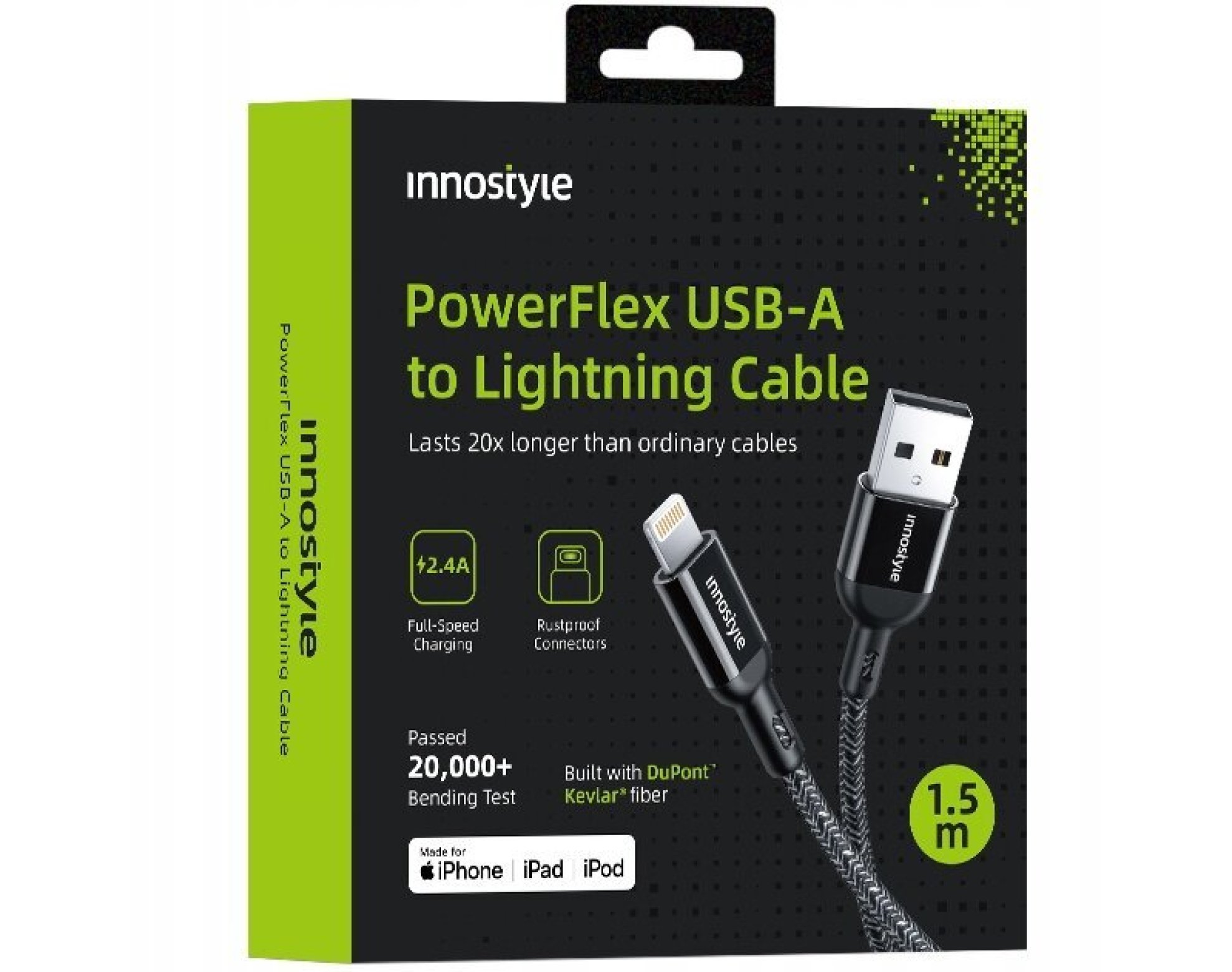 Innostyle Powerflex Kabel USB Lightning Mfi szybkiego ładowania do iPhone Kevlar 2M czarny
