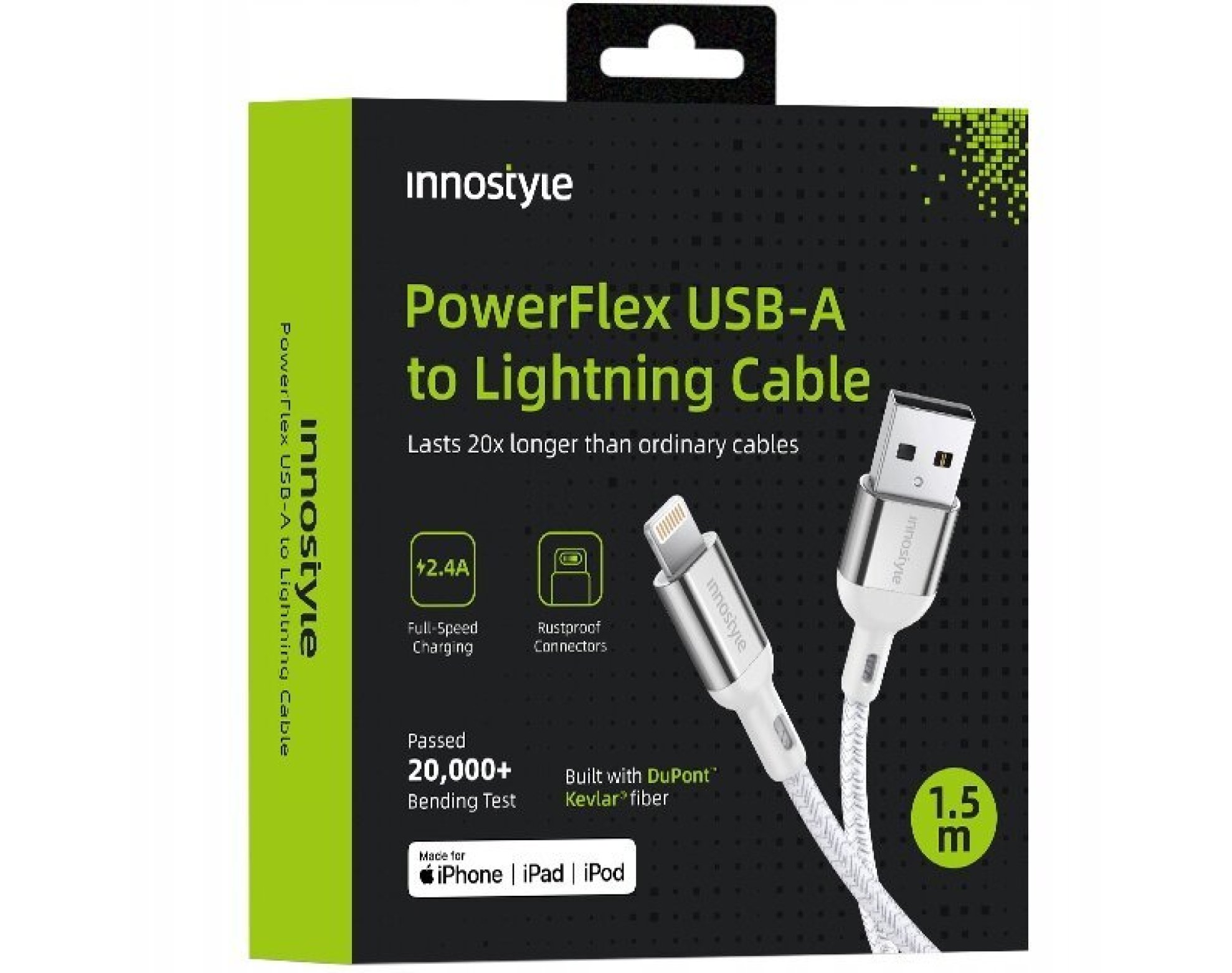 Innostyle Powerflex Kabel USB Lightning Mfi szybkiego ładowania do iPhone Kevlar 2M srebrny