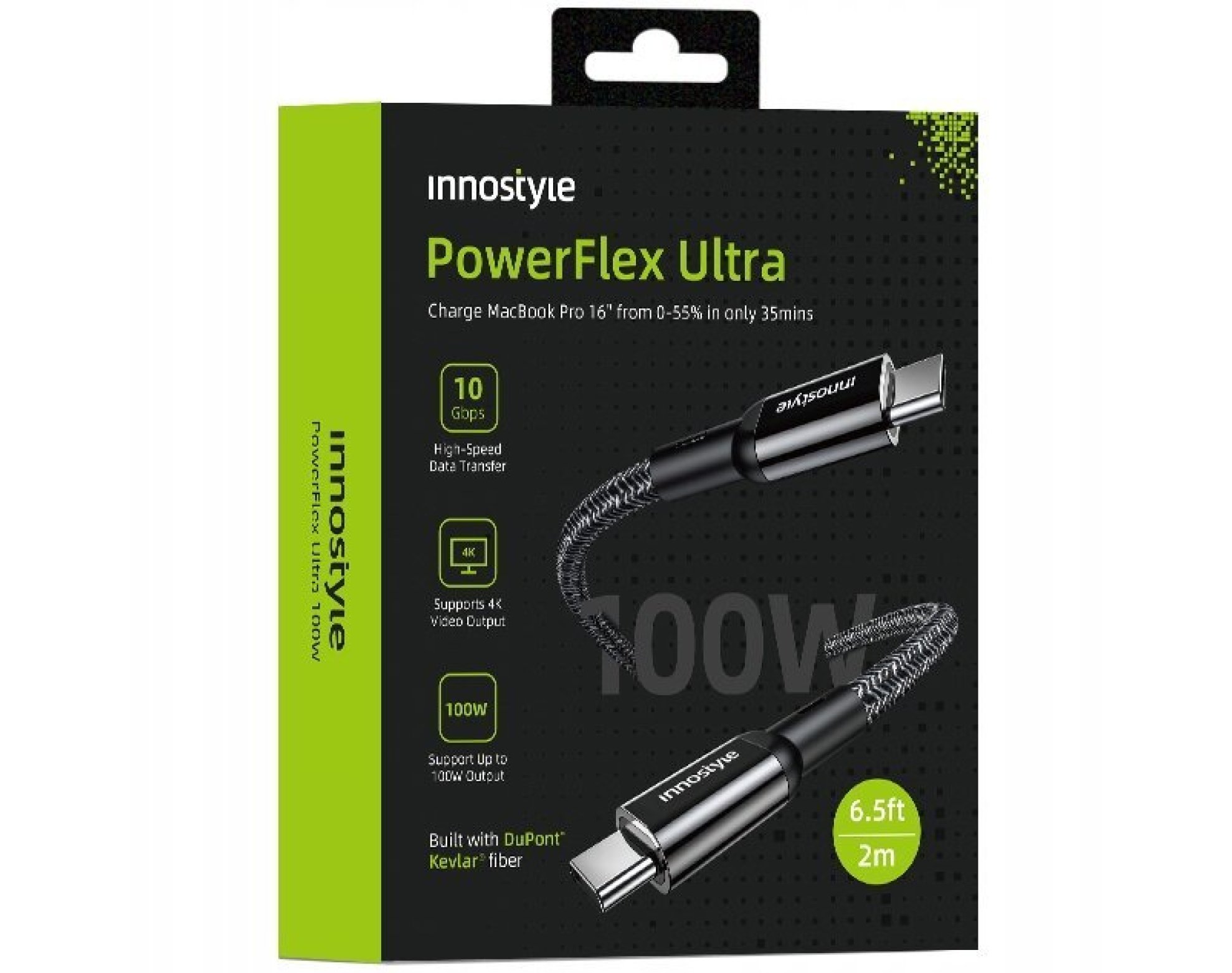 Innostyle Powerflex Ultra kabel USB-C szybkie ładowanie Thunderbolt 10Gbps 100W Kevlar 2M czarny