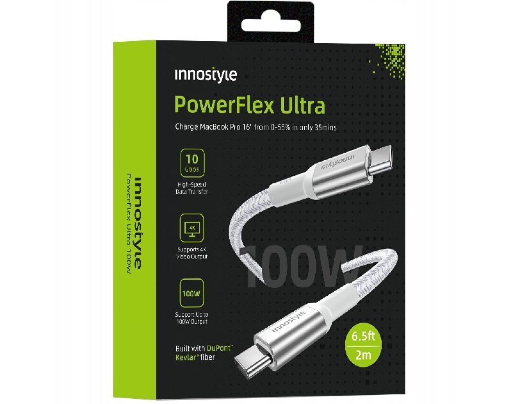 Innostyle Powerflex Ultra kabel USB-C szybkie ładowanie Thunderbolt 10Gbps 100W Kevlar 2M srebrny