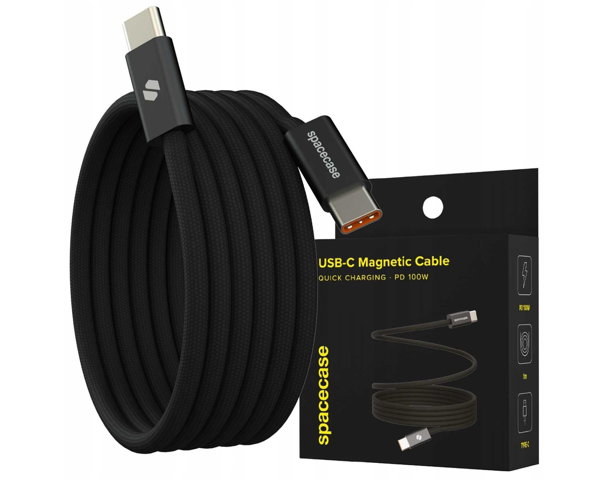 Kabel magnetyczny zwijany SPACECASE USB-C to USB-C Magnetic Cable 1M 100W Czarny