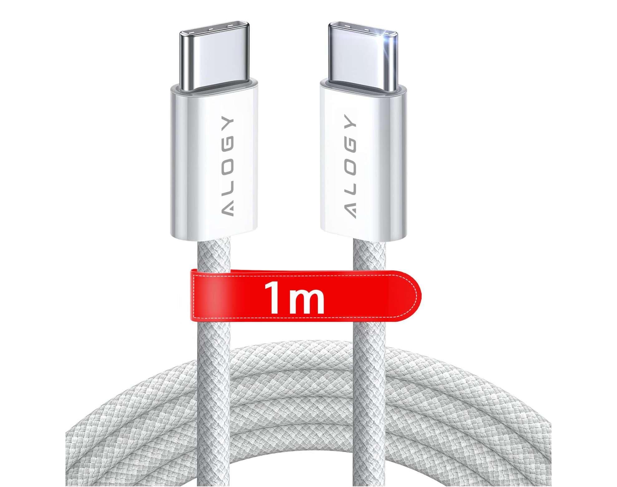 Kabel USB-C typ C mocny nylon szybki 60W PD 1M do iPhone 16 17 Pro Max iPad MacBook Alogy Biały