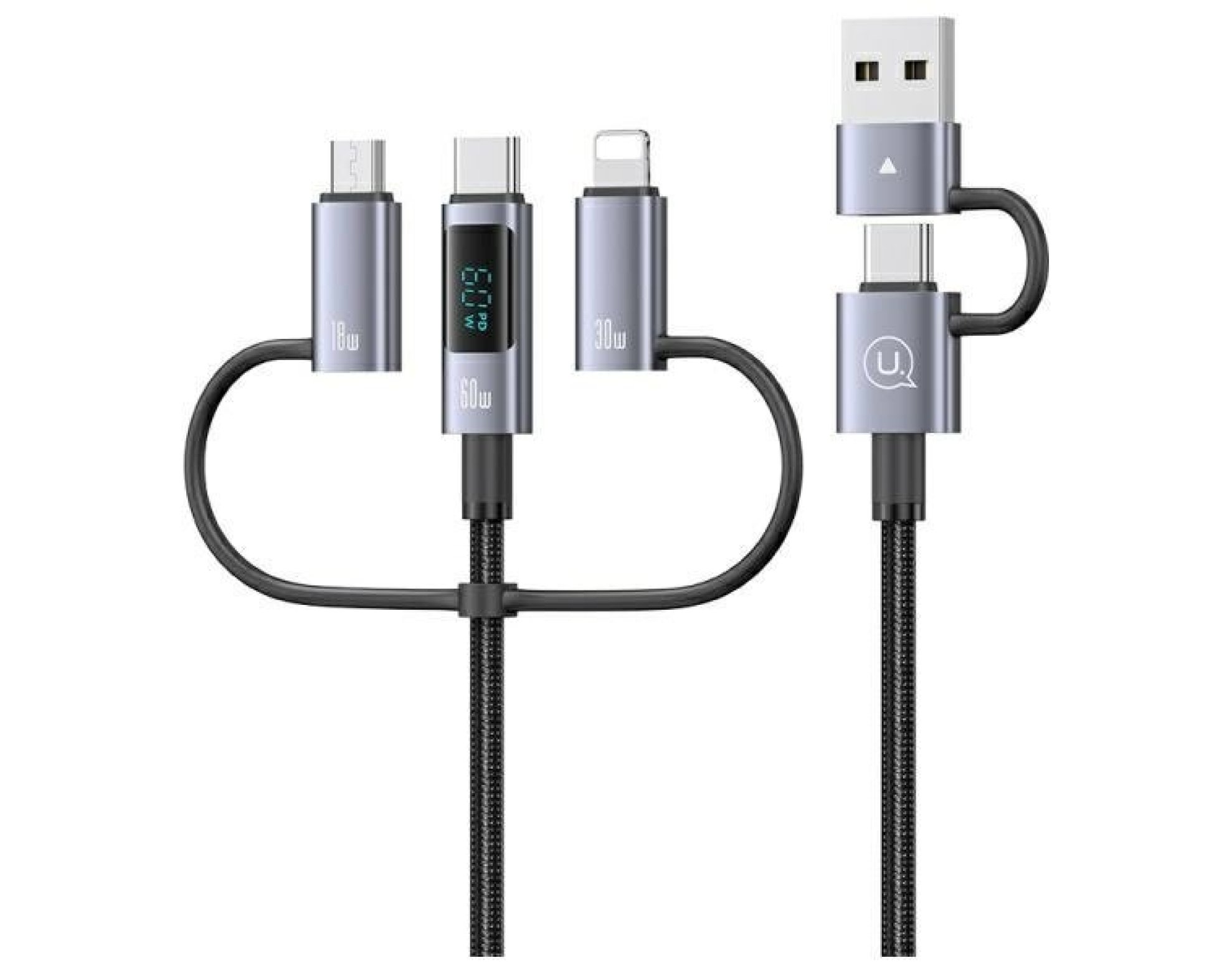 Kabel USB-C/USB-A - USB-C/Micro USB/Lightning USAMS z wyświetlaczem 6w1 60W DP Fast Charging 1.2m Czarno-srebrny