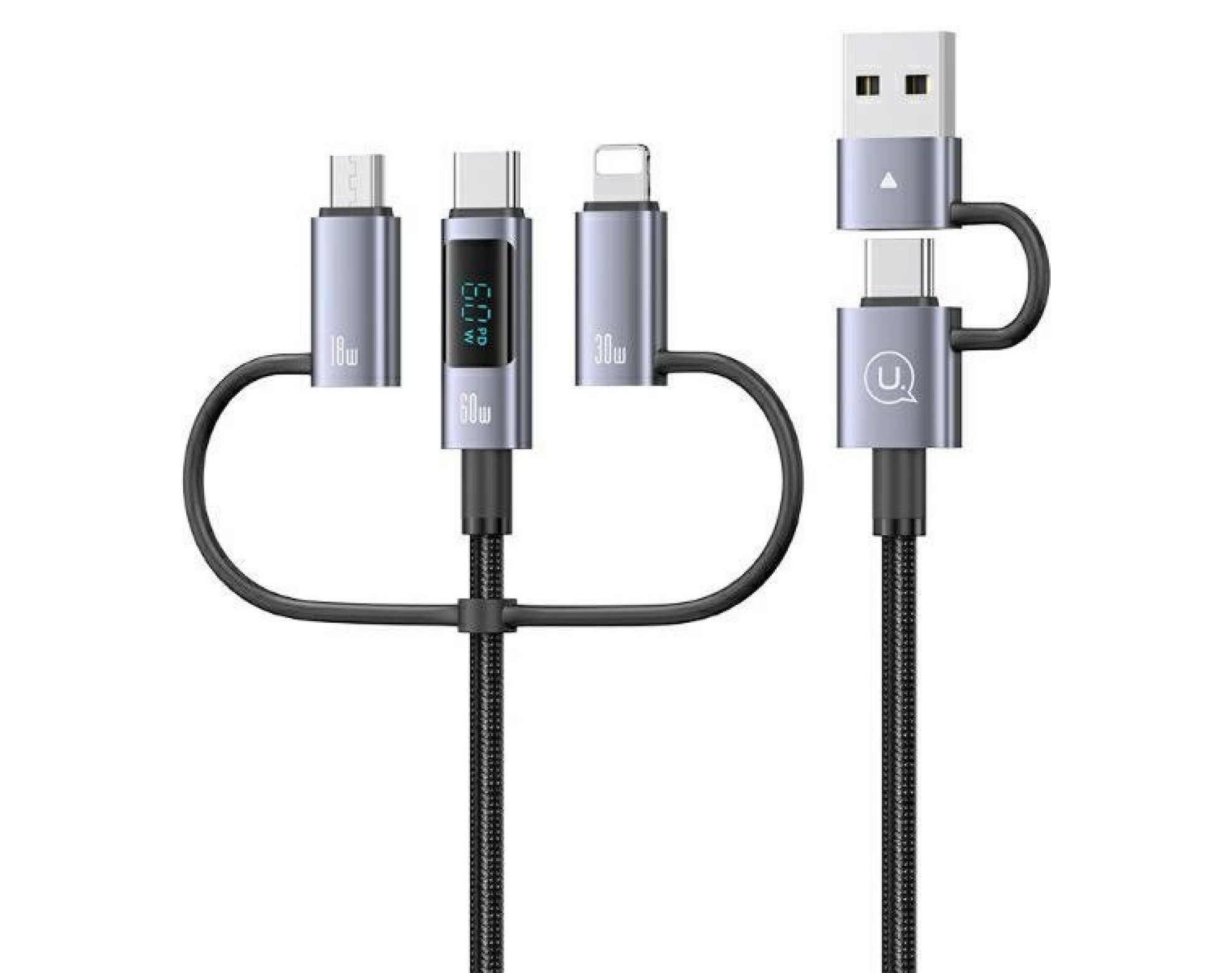 Kabel USB-C/USB-A - USB-C/Micro USB/Lightning USAMS z wyświetlaczem 6w1 60W DP Fast Charging 2m Czarno-srebrny