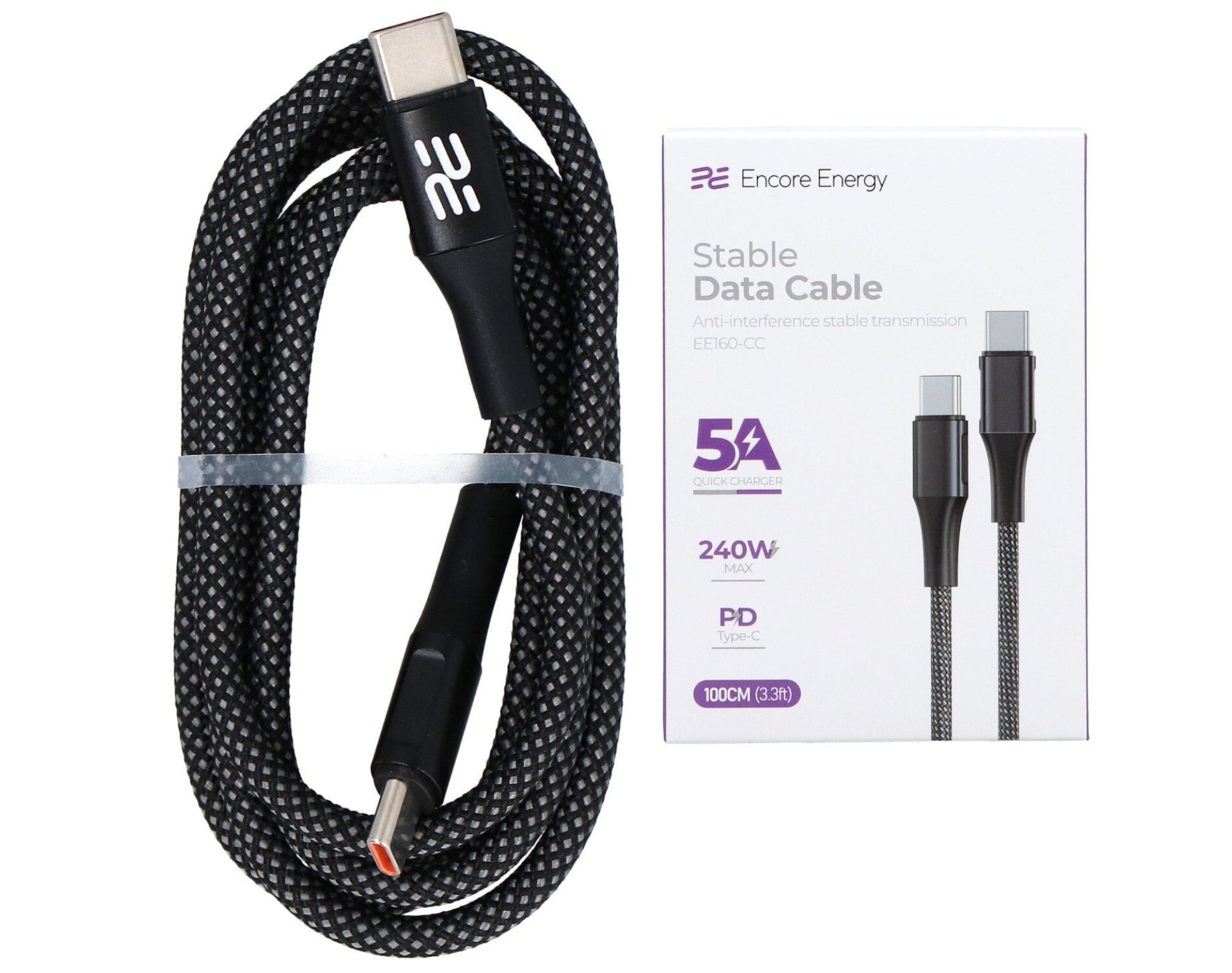 Kabel USB-C — USB-C ENCORE ENERGY EE160-CC 1m 240W Braided Szary
