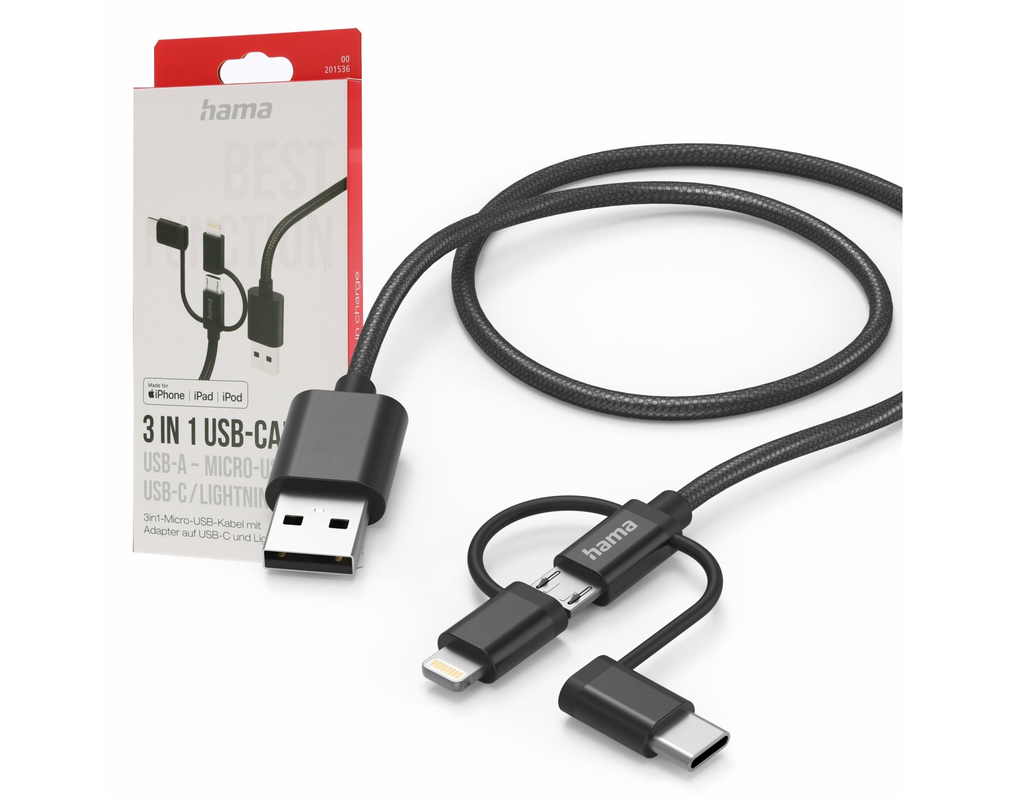 Kabel USB - Lightning/Micro USB/USB-C HAMA 201536 1.5 m Czarny