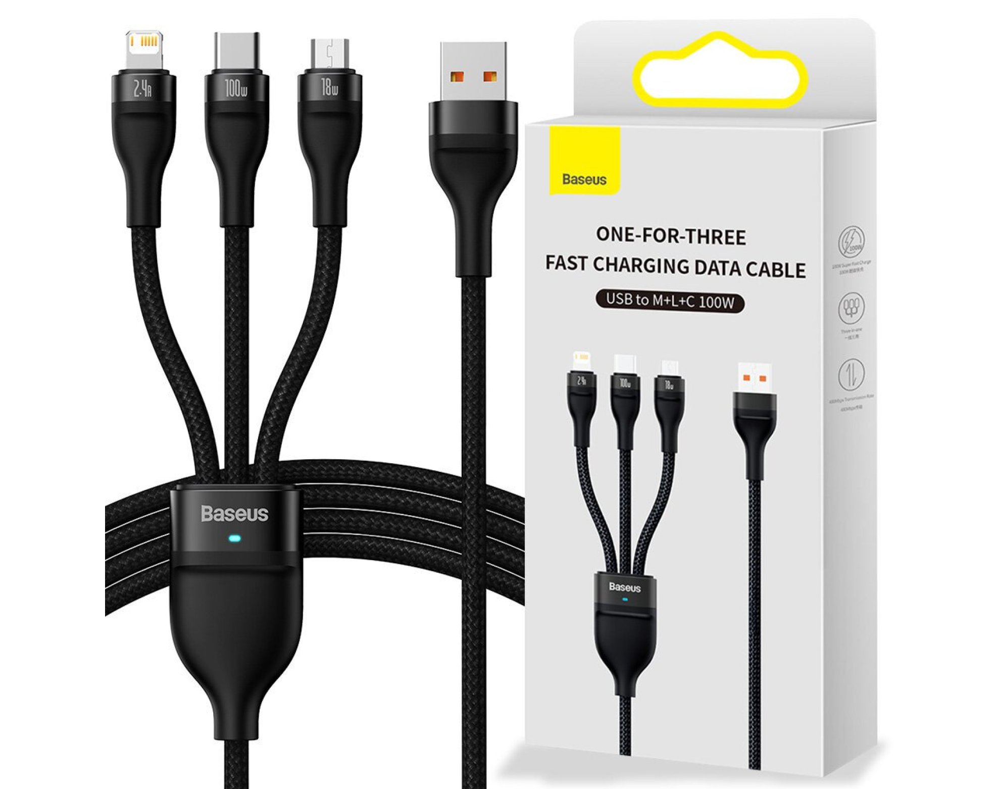 Kabel USB - Micro USB/USB-C/Lightning BASEUS Flash Series 3w1 1.2 m Czarny