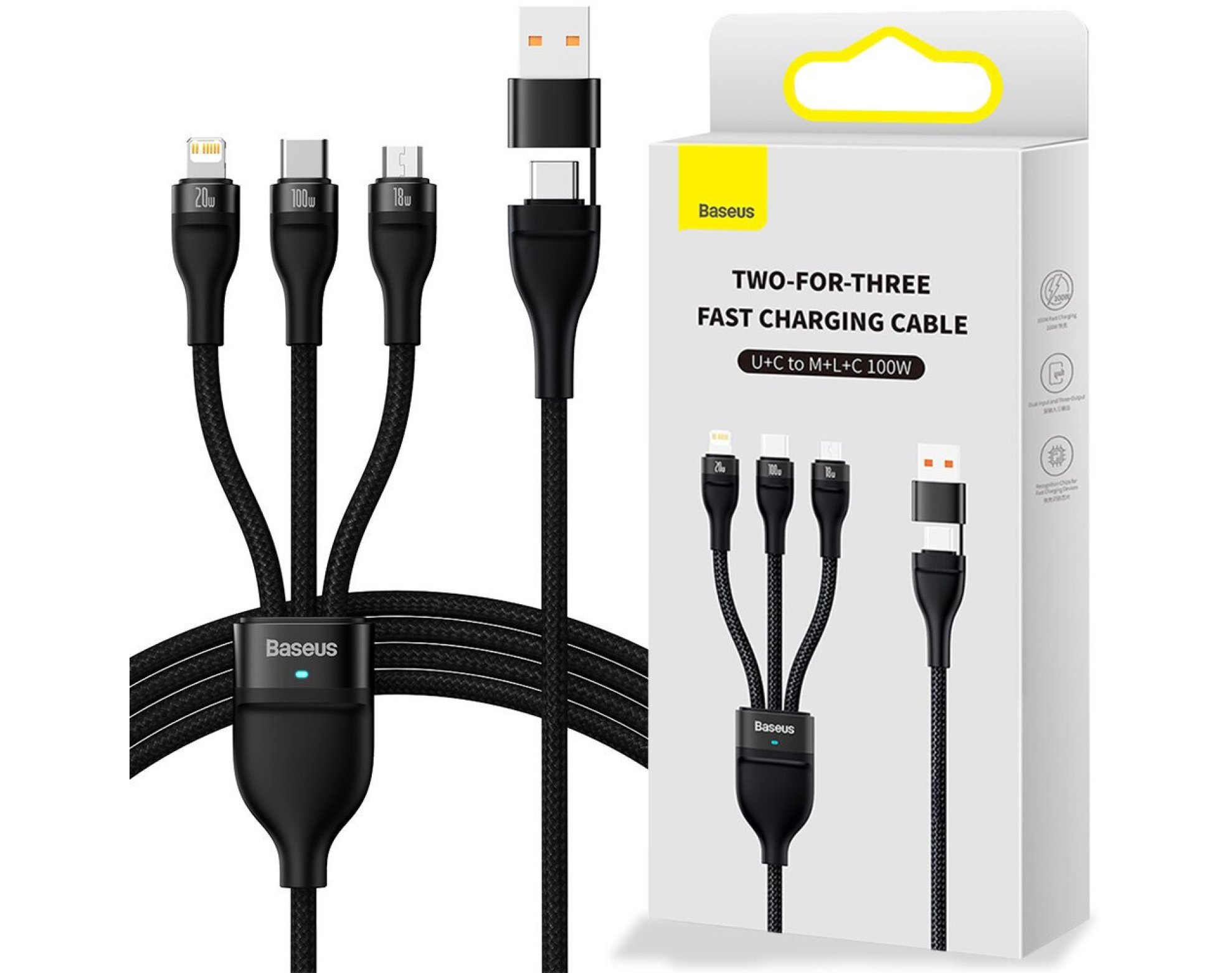 Kabel USB/USB-C - Micro USB/USB-C/Lightning BASEUS Flash Series 3w1 100W 1.2 m Czarny