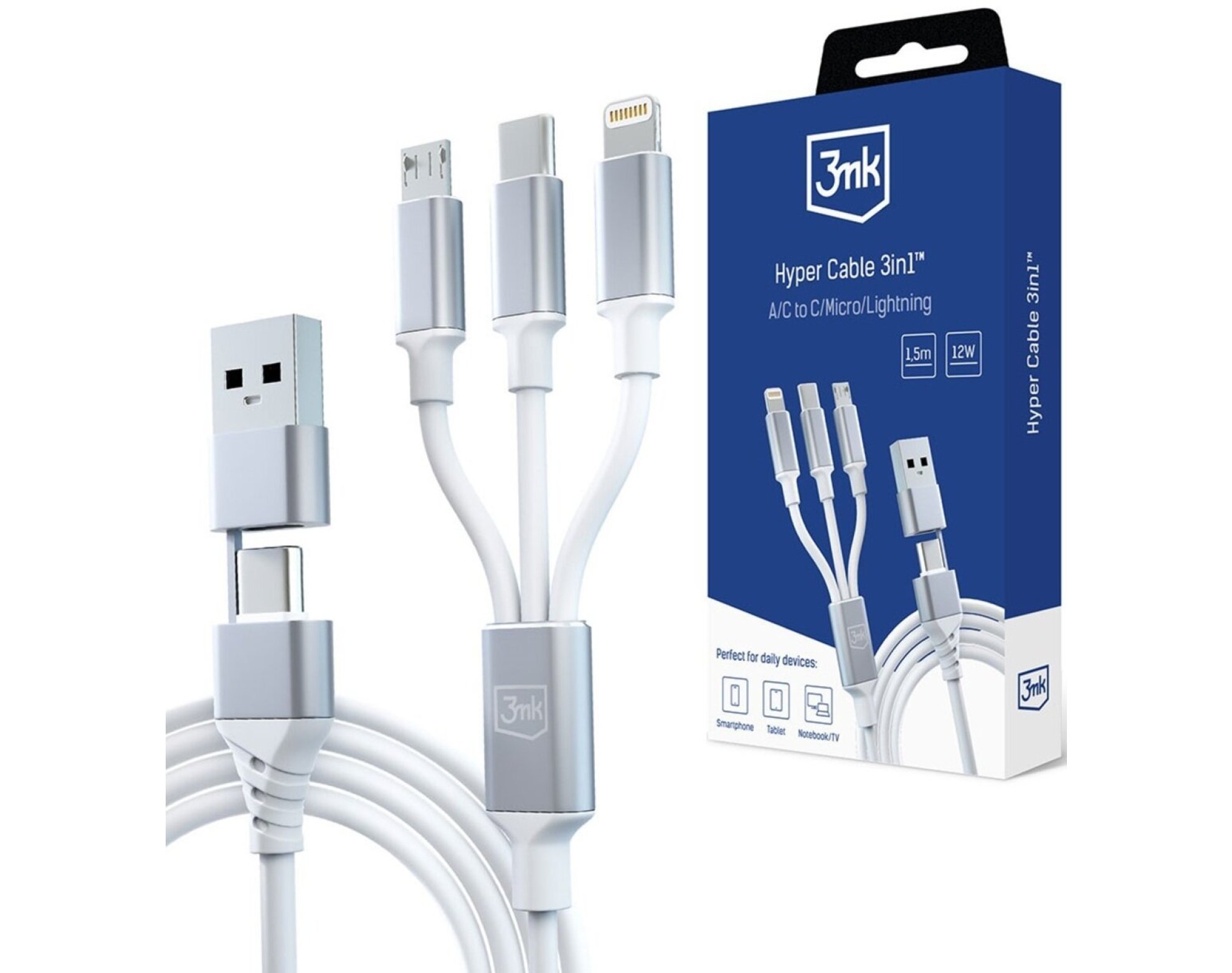 Kabel USB/USB-C - USB-C/Micro USB/Lightning 3MK Hyper Cable 3in1 1.5 m Biały