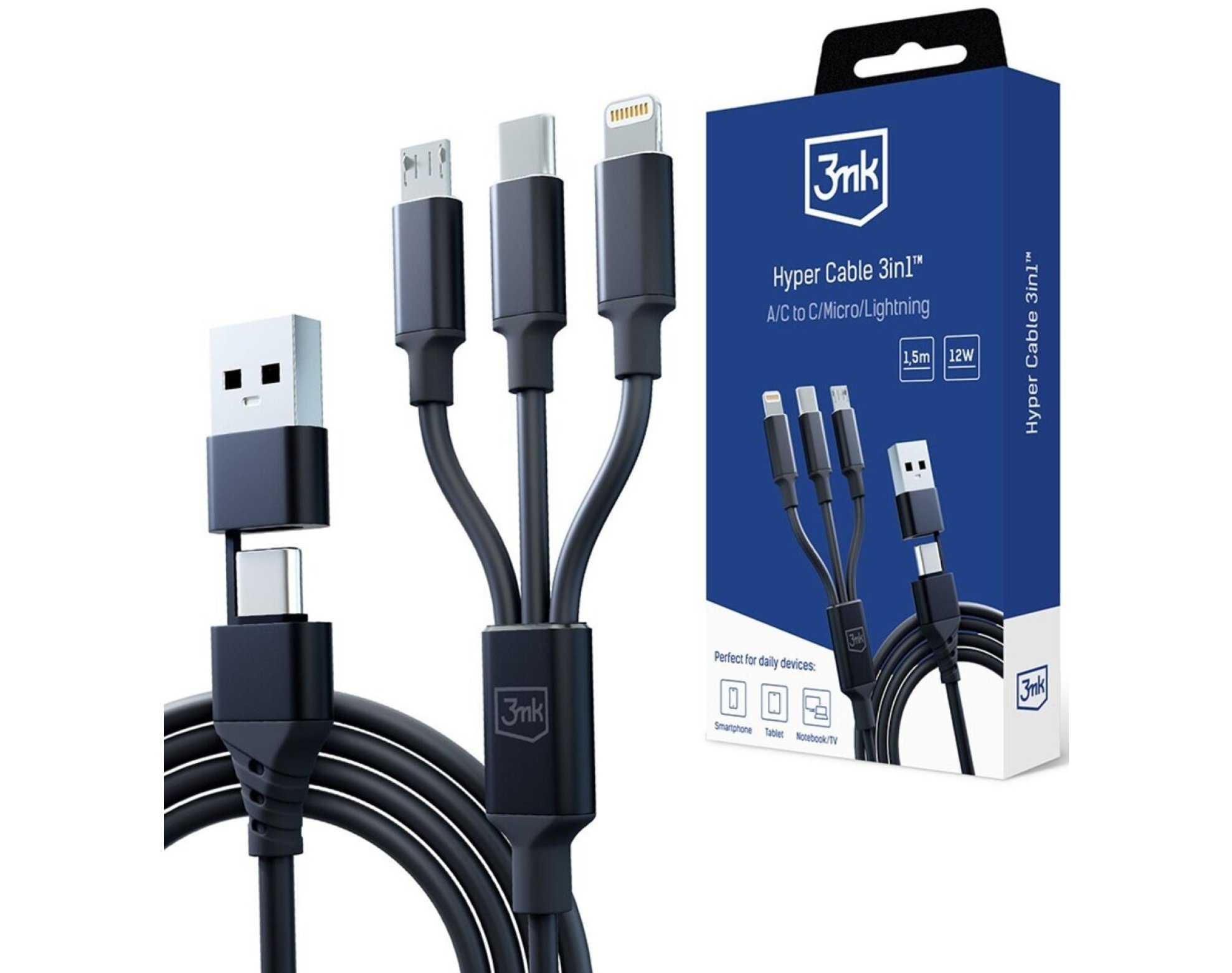 Kabel USB/USB-C - USB-C/Micro USB/Lightning 3MK Hyper Cable 3in1 1.5 m Czarny