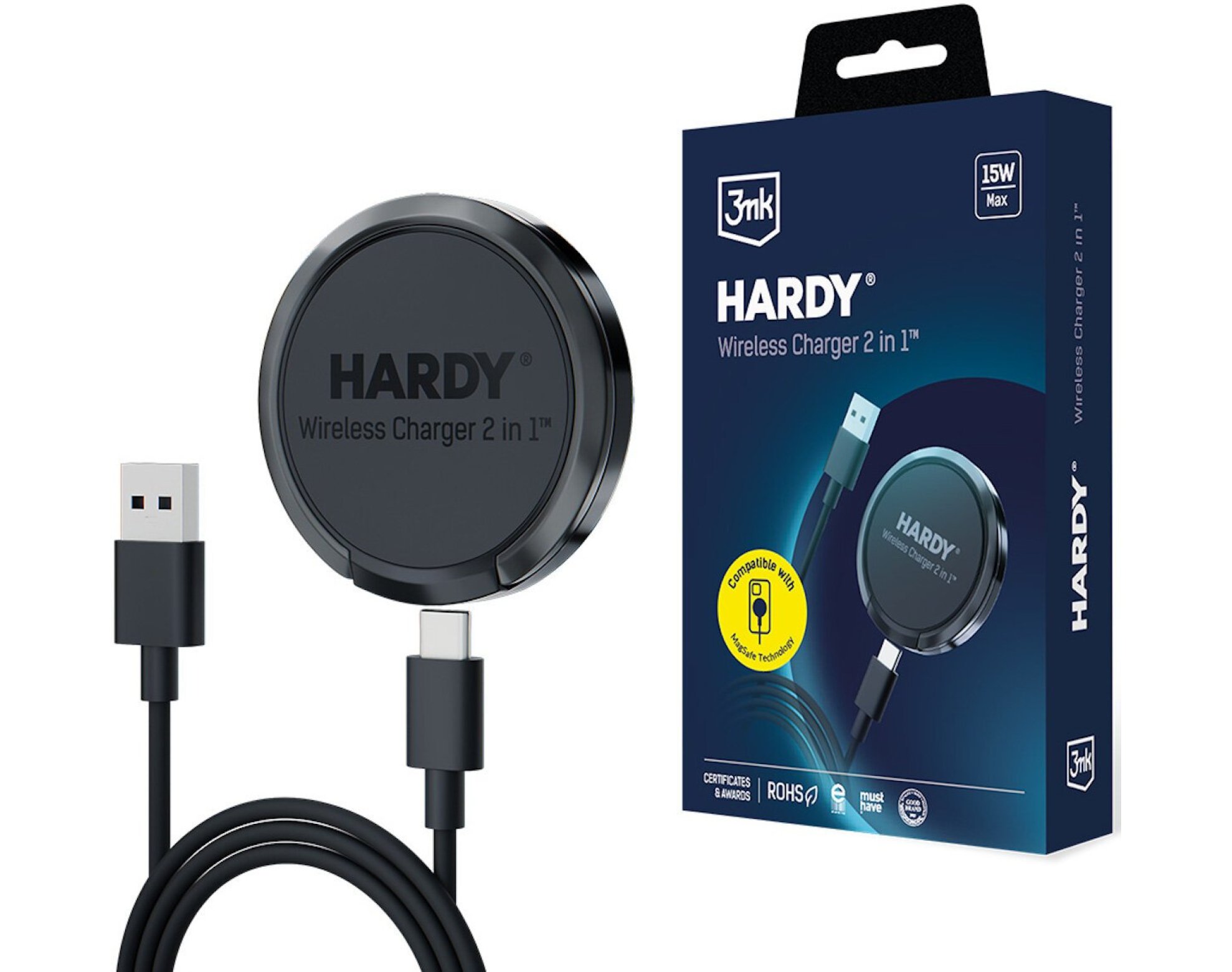 Ładowarka indukcyjna 3MK Hardy Wireless Charger 2in1 15W Czarny Qi MagSafe