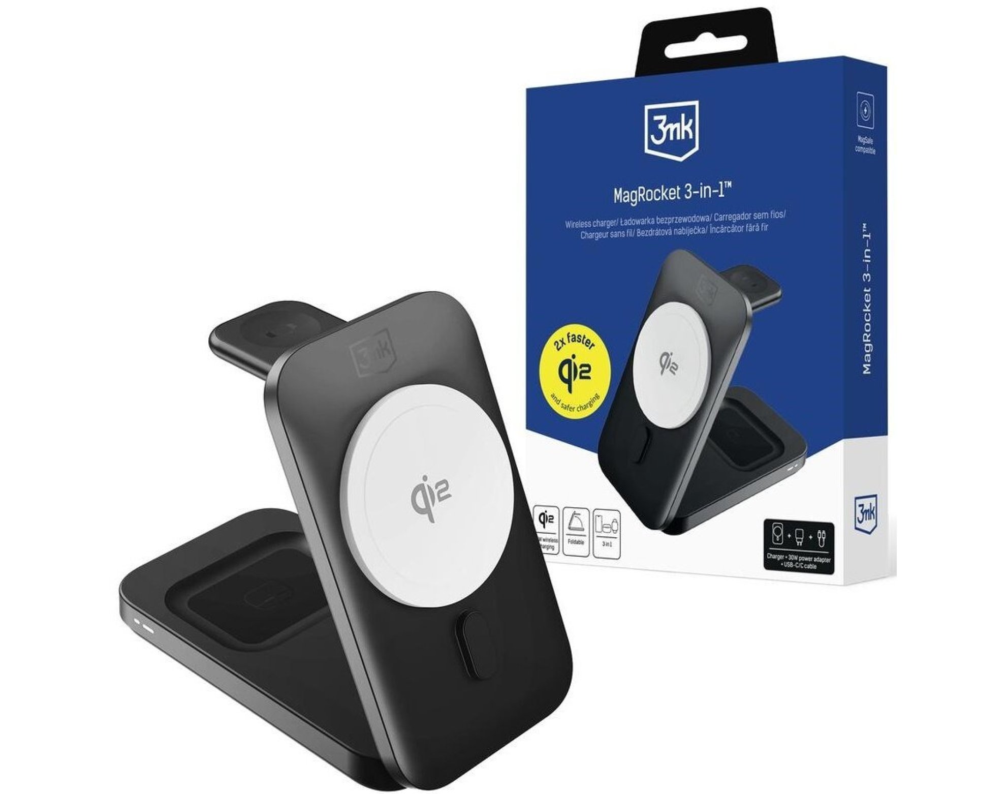 Ładowarka indukcyjna 3MK Magrocket 3W1 15W Czarny Qi2