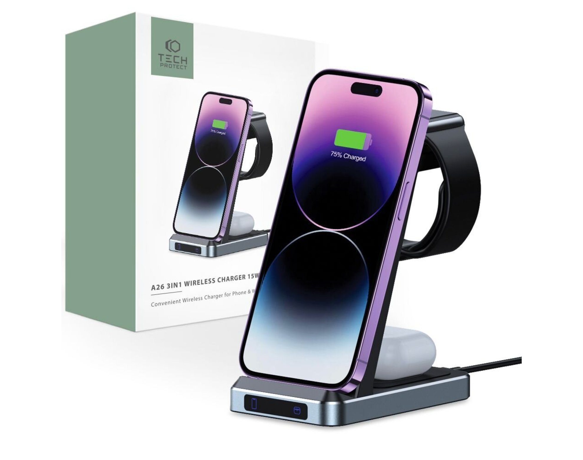Ładowarka indukcyjna TECH-PROTECT QI15W-A26 3w1 Czarny Qi MagSafe