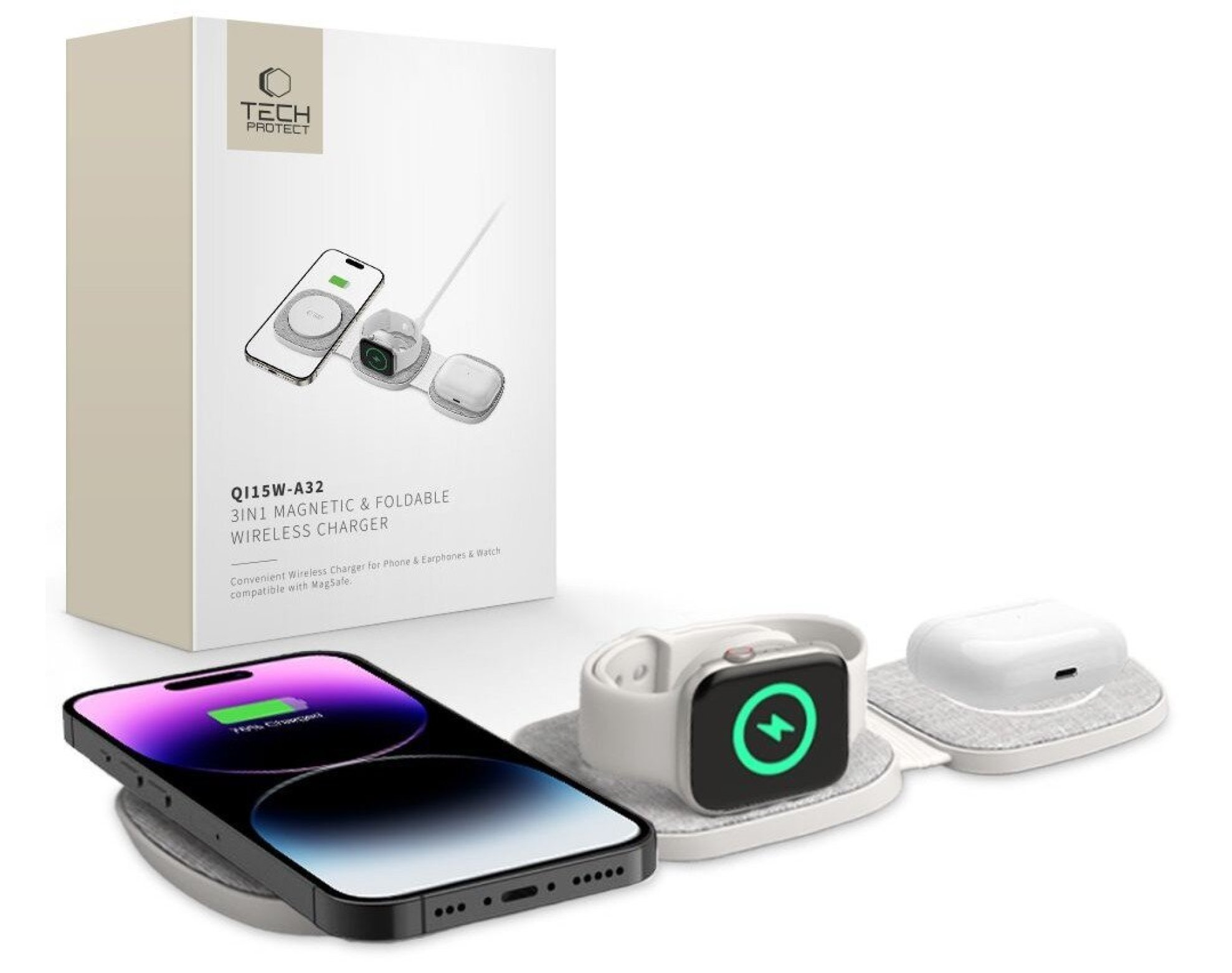 Ładowarka indukcyjna TECH-PROTECT QI15W-A32 3w1 Magnetic 15W Biało-szary Qi MagSafe
