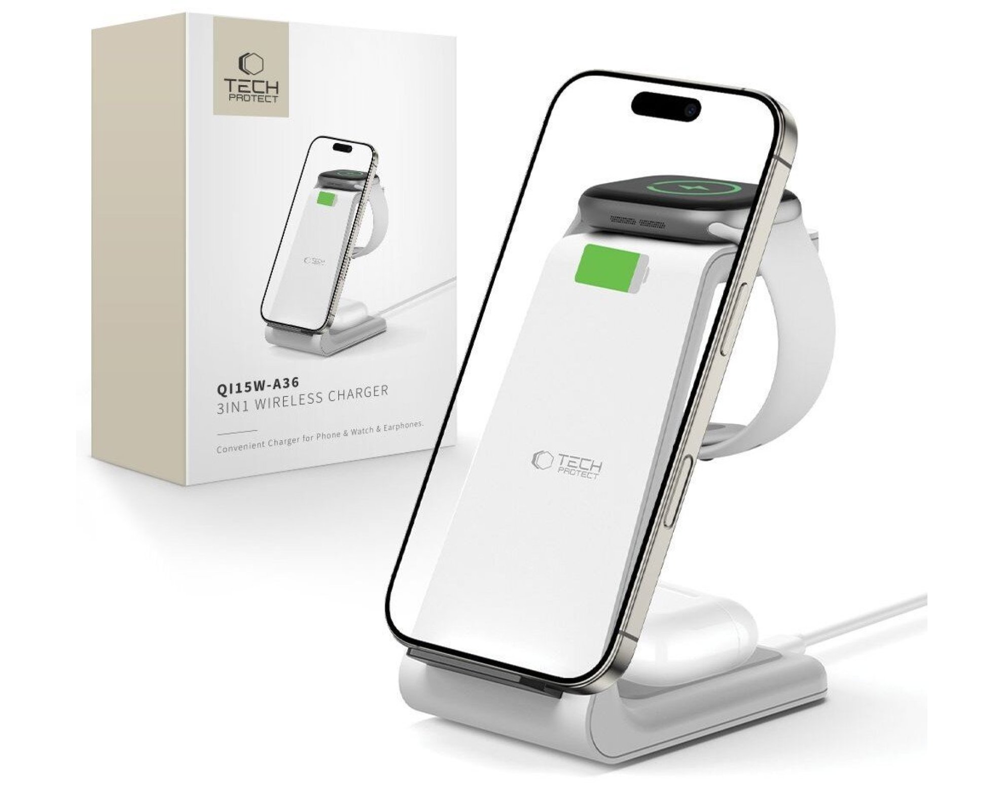Ładowarka indukcyjna TECH-PROTECT QI15W-A36 3w1 10W Biały Qi MagSafe