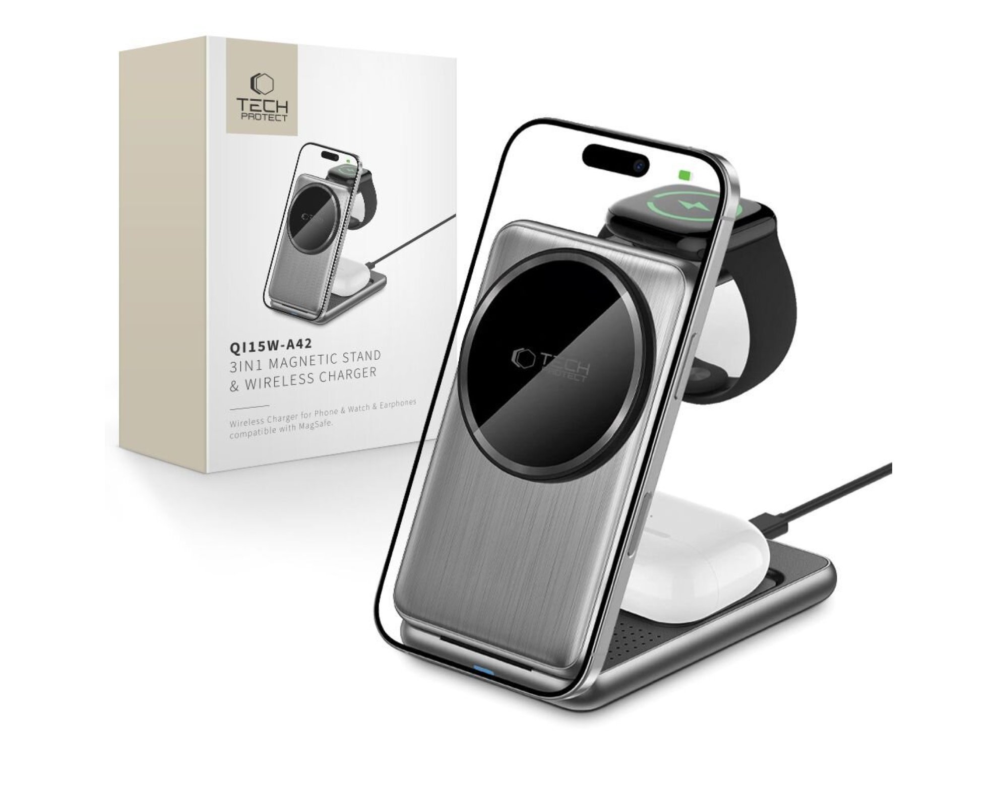 Ładowarka indukcyjna TECH-PROTECT QI15W A42 3w1 Srebrny Qi MagSafe