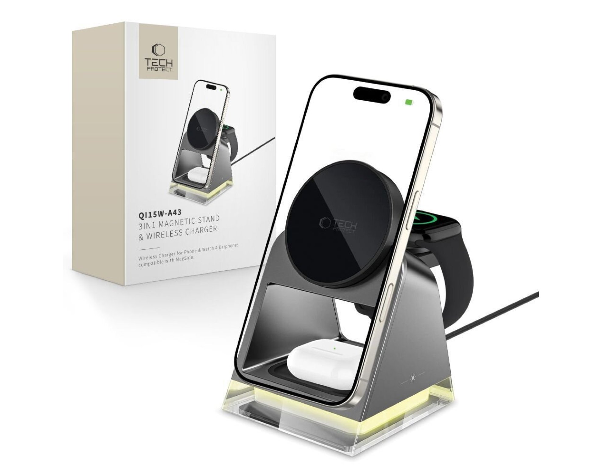 Ładowarka indukcyjna TECH-PROTECT QI15W A43 3w1 Czarny Qi MagSafe