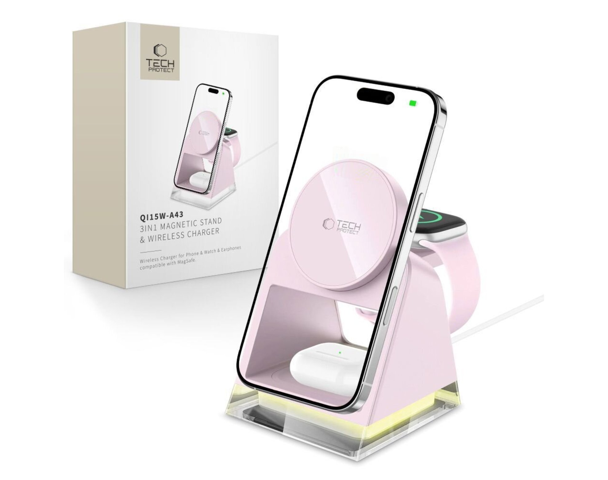 Ładowarka indukcyjna TECH-PROTECT QI15W A43 3w1 Różowy Qi MagSafe