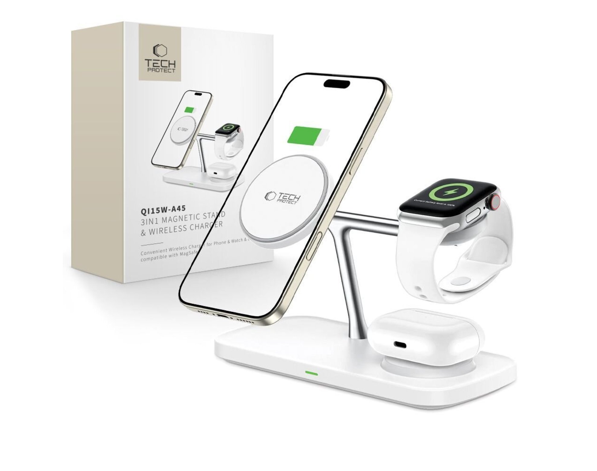 Ładowarka indukcyjna TECH-PROTECT QI15W A45 3w1 Biały Qi MagSafe