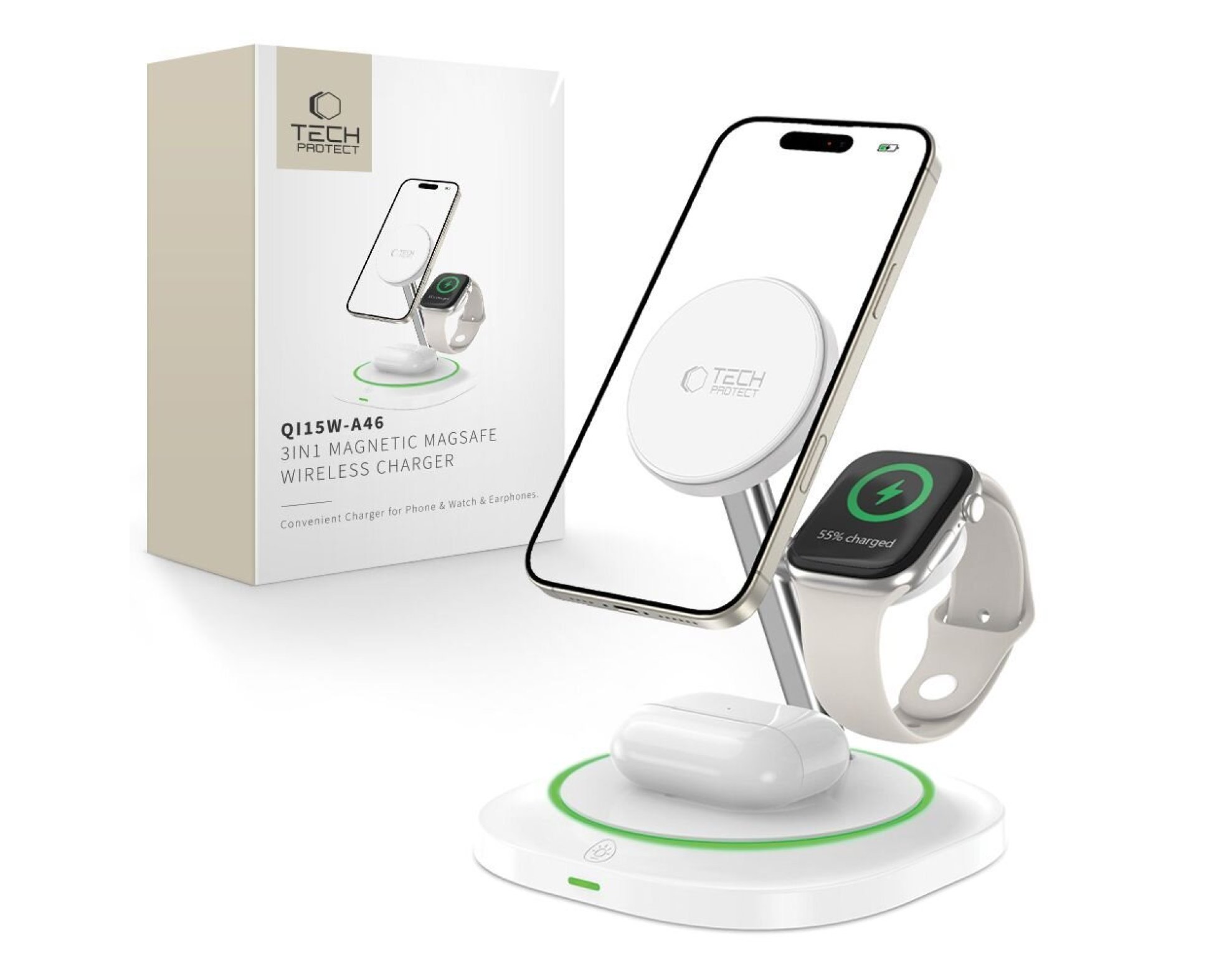 Ładowarka indukcyjna TECH-PROTECT QI15W-A46 3w1 Biały Qi MagSafe