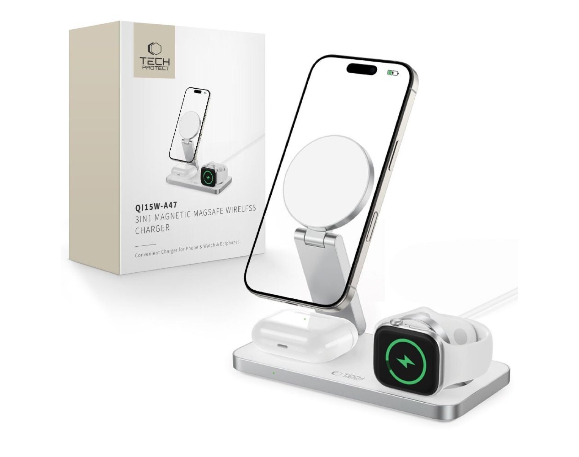 Ładowarka indukcyjna TECH-PROTECT QI15W-A47 3w1 Biały Qi MagSafe