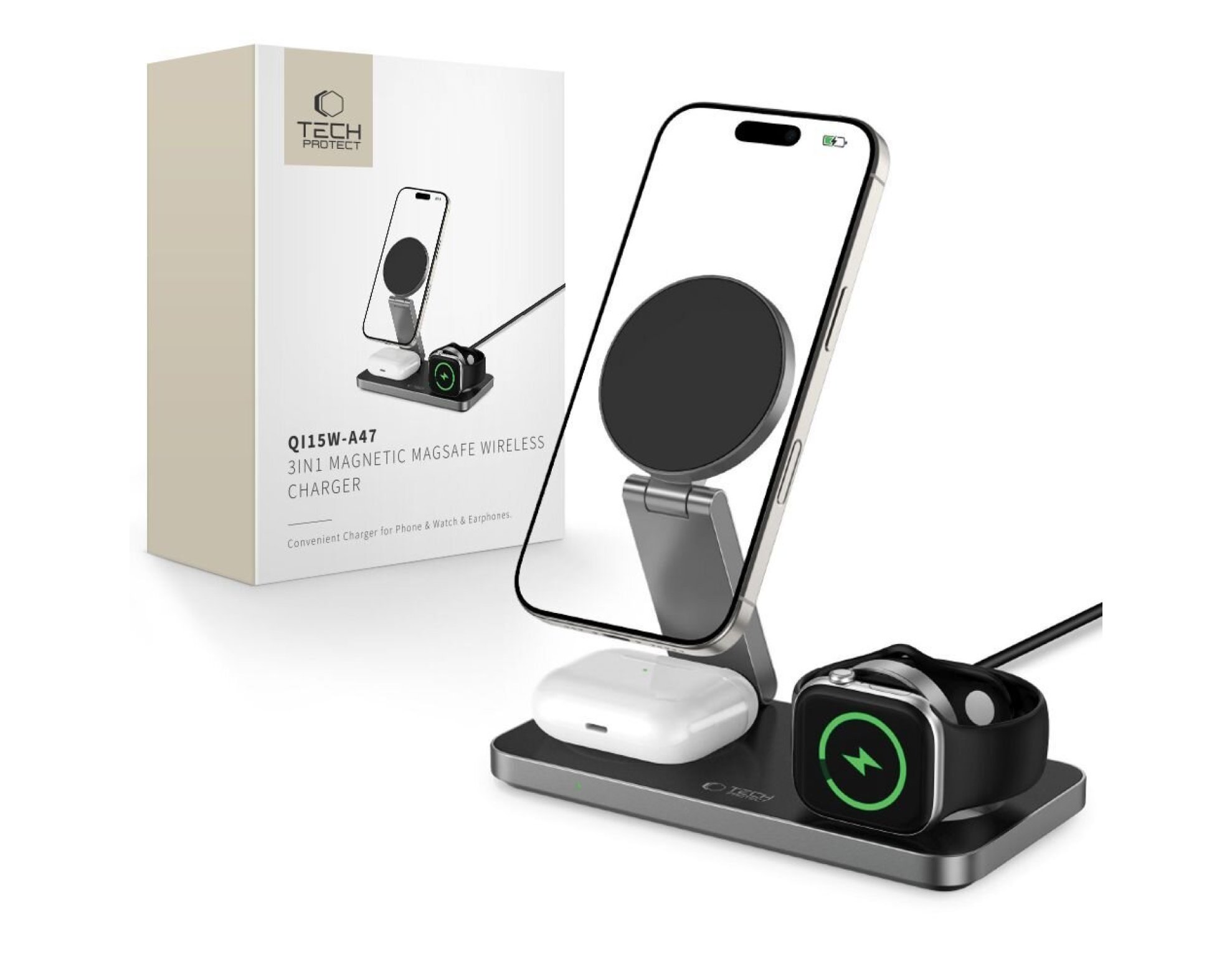 Ładowarka indukcyjna TECH-PROTECT QI15W-A47 3w1  Czarny Qi MagSafe