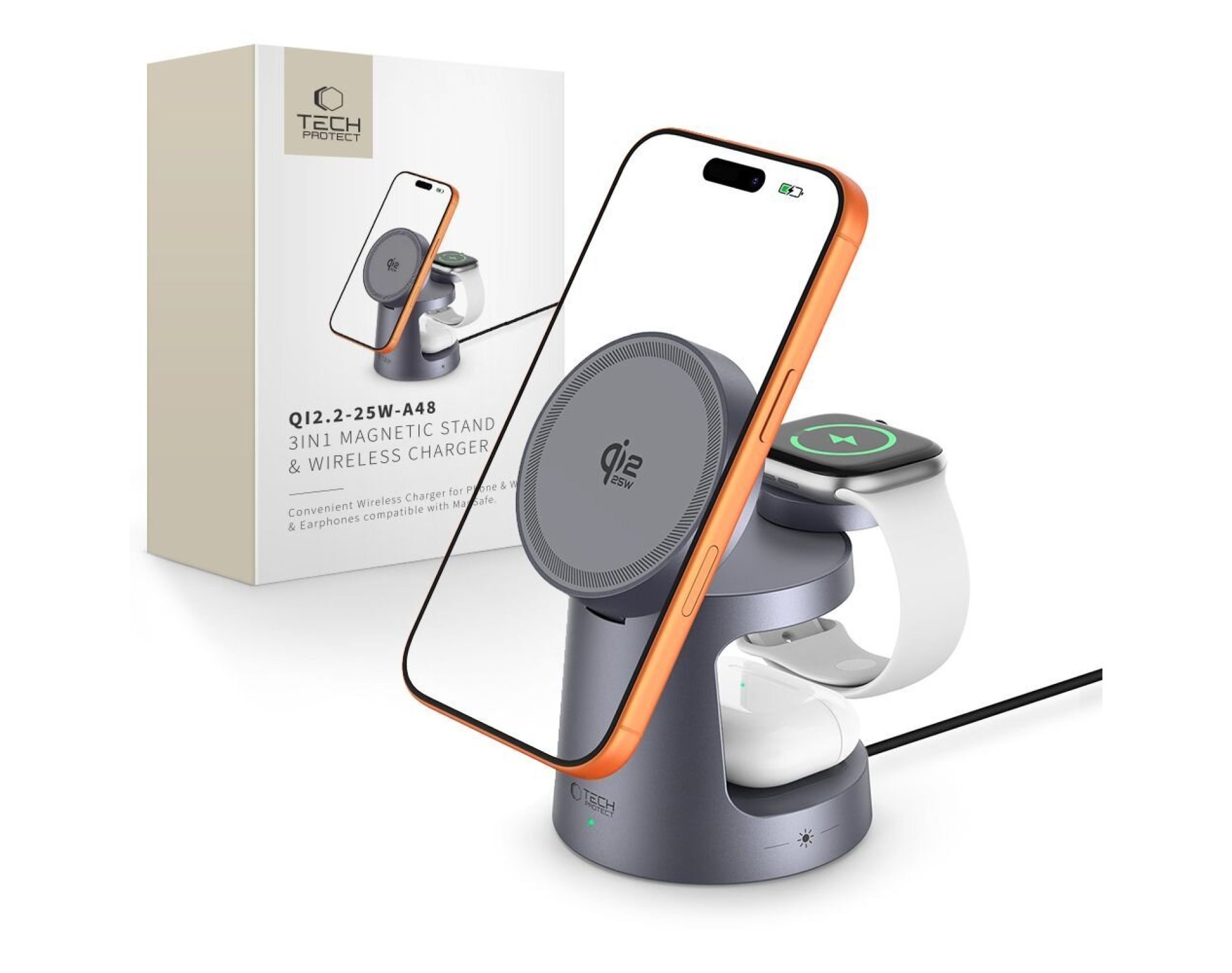 Ładowarka indukcyjna TECH-PROTECT QI2.2-25W-A48 3w1 MagSafe Grafitowy