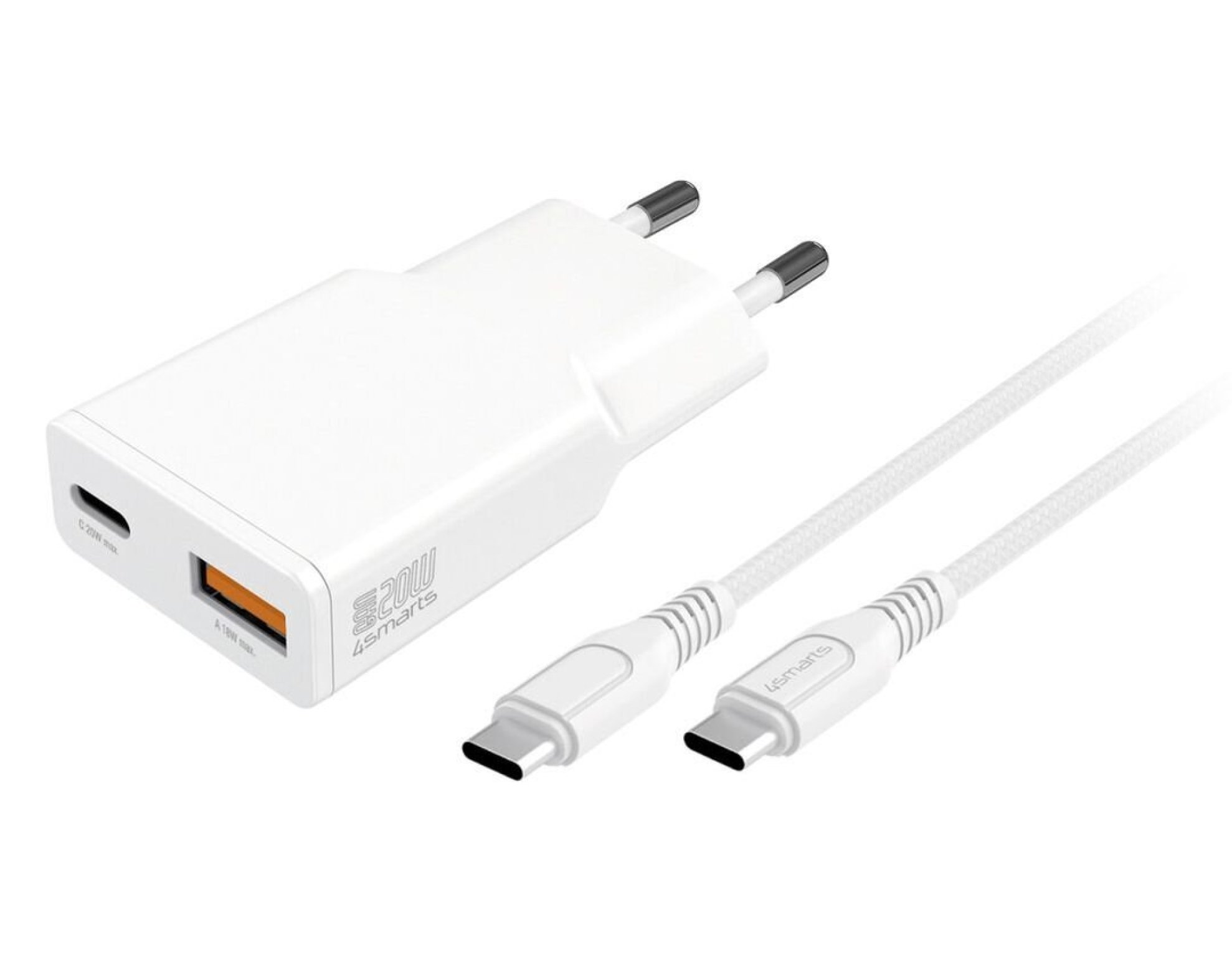 Ładowarka sieciowa 4SMARTS PDPlug Slim Duos 20W GaN + Kabel USB-C - USB-C Biały
