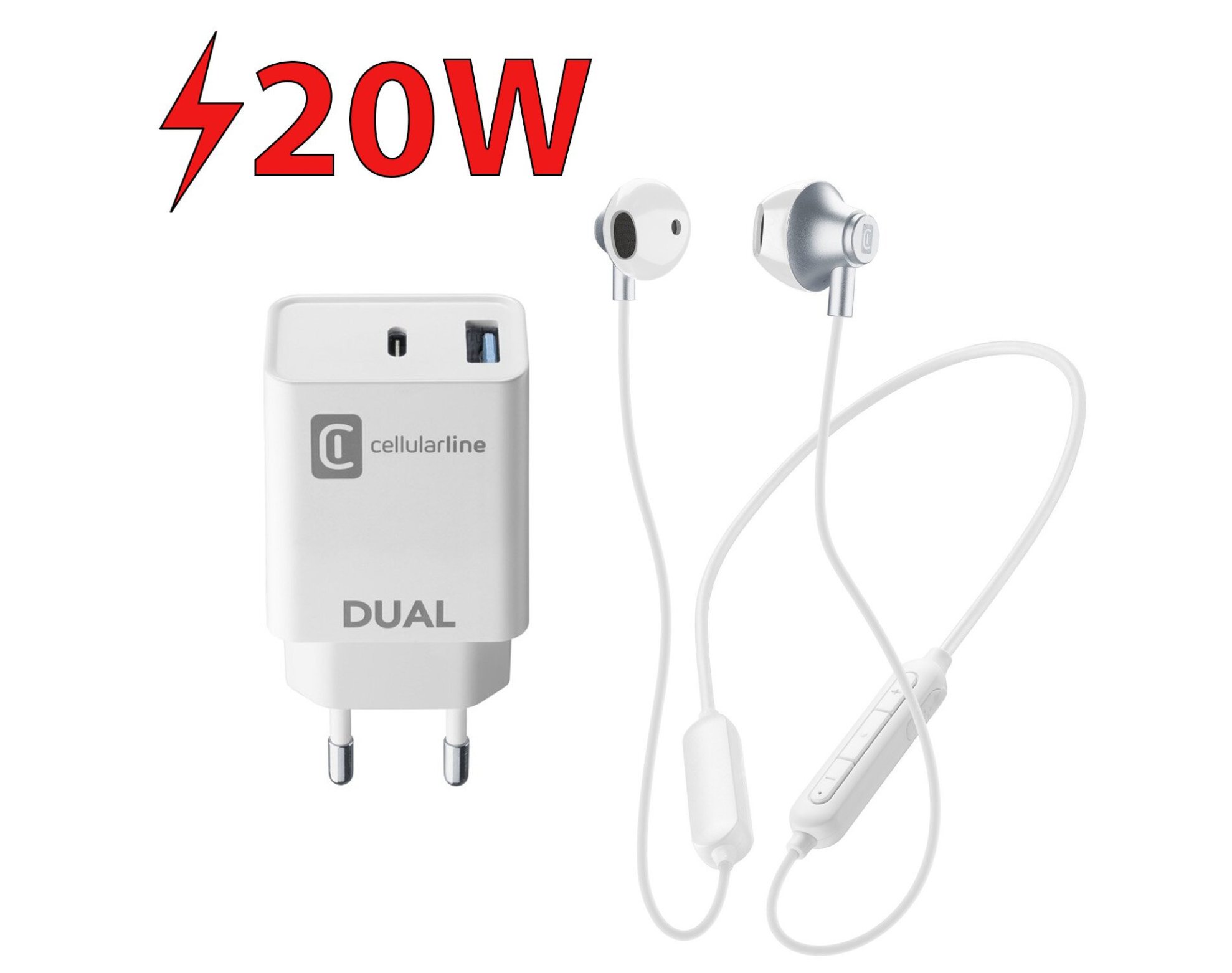 Ładowarka sieciowa CELLULARLINE PD 20W Biały + Słuchawki Bluetooth