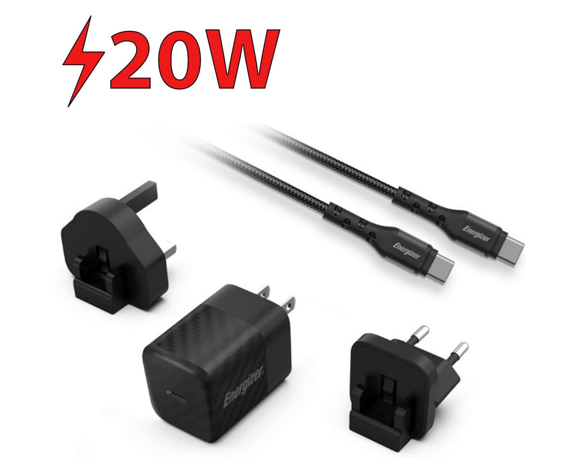 Ładowarka sieciowa ENERGIZER Ultimate Multiplug GaN 20W + Kabel USB-C - USB-C Czarny