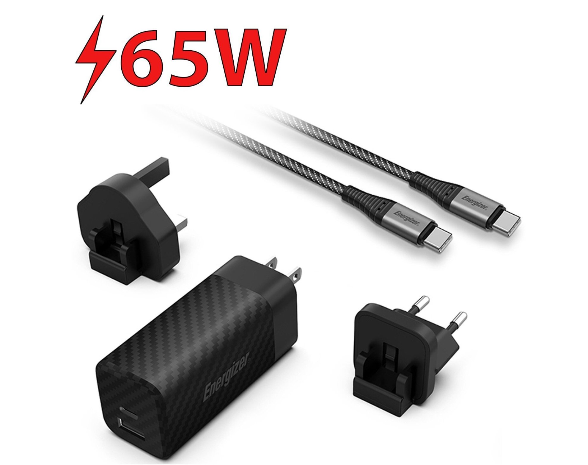 Ładowarka sieciowa ENERGIZER Ultimate Multiplug GaN 65W PD + Kabel USB-C - USB-C Czarny