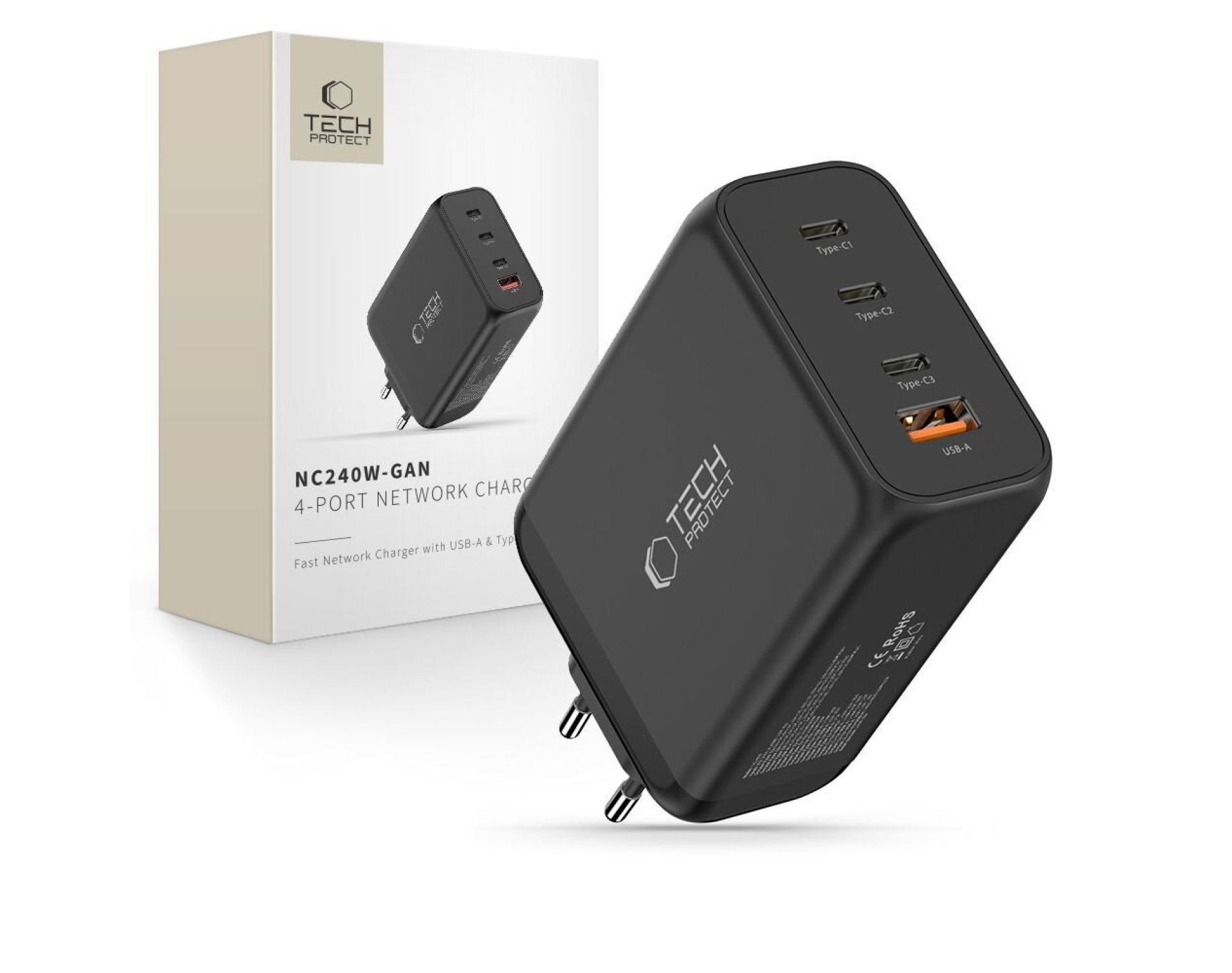 Ładowarka sieciowa TECH-PROTECT NC240W-GAN 4-Port PD 240W/QC3.0 Czarny