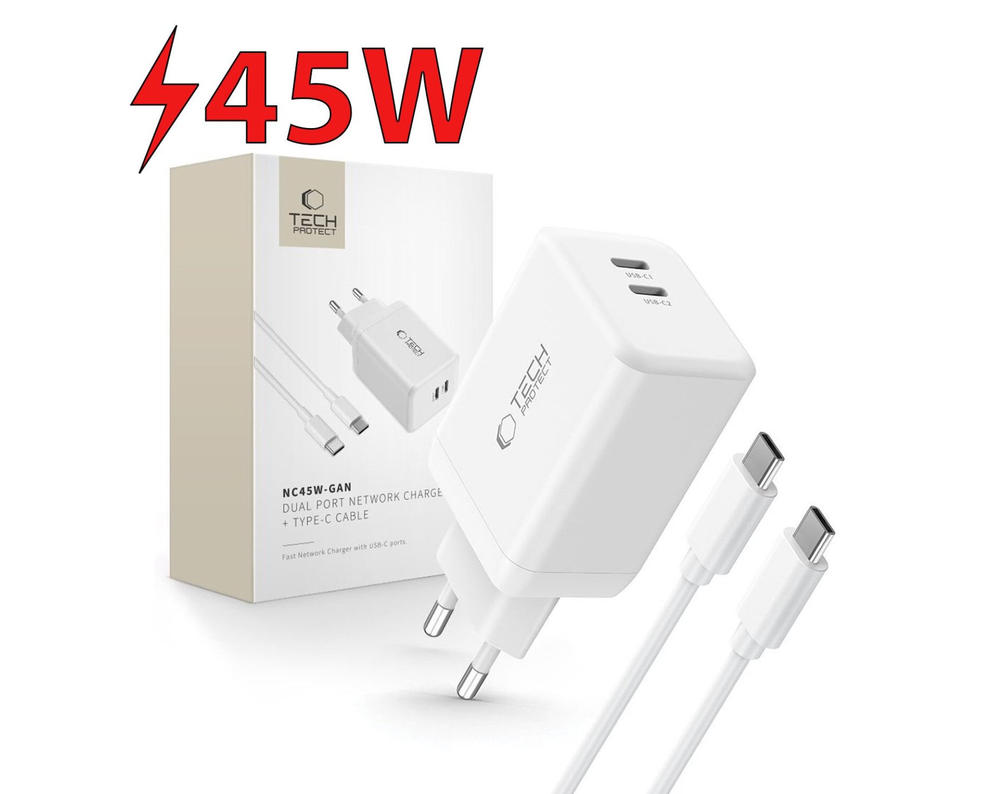 Ładowarka sieciowa TECH-PROTECT NC45W-GAN PD45W Biały
