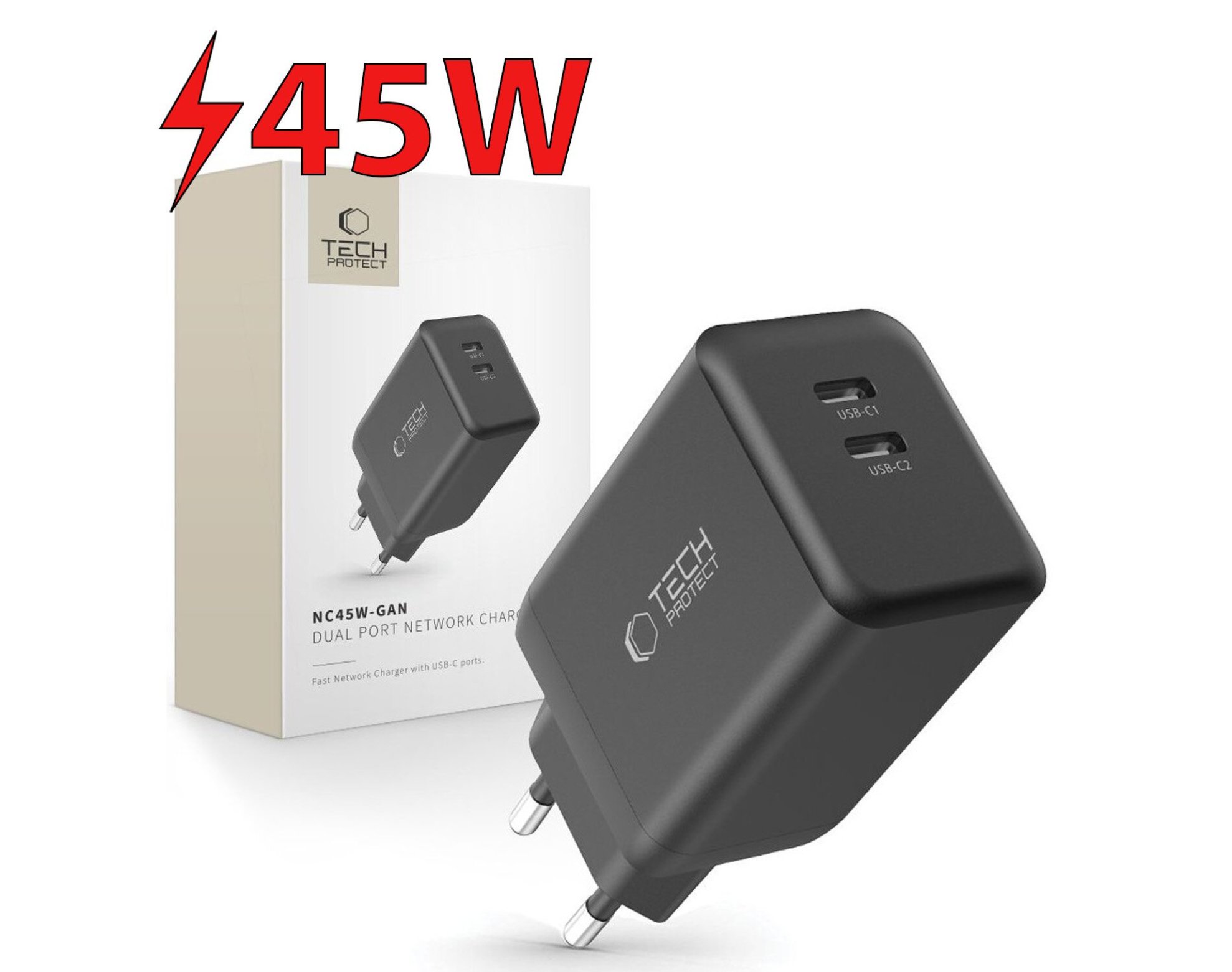 Ładowarka sieciowa TECH-PROTECT NC45W-GAN PD45W Czarny