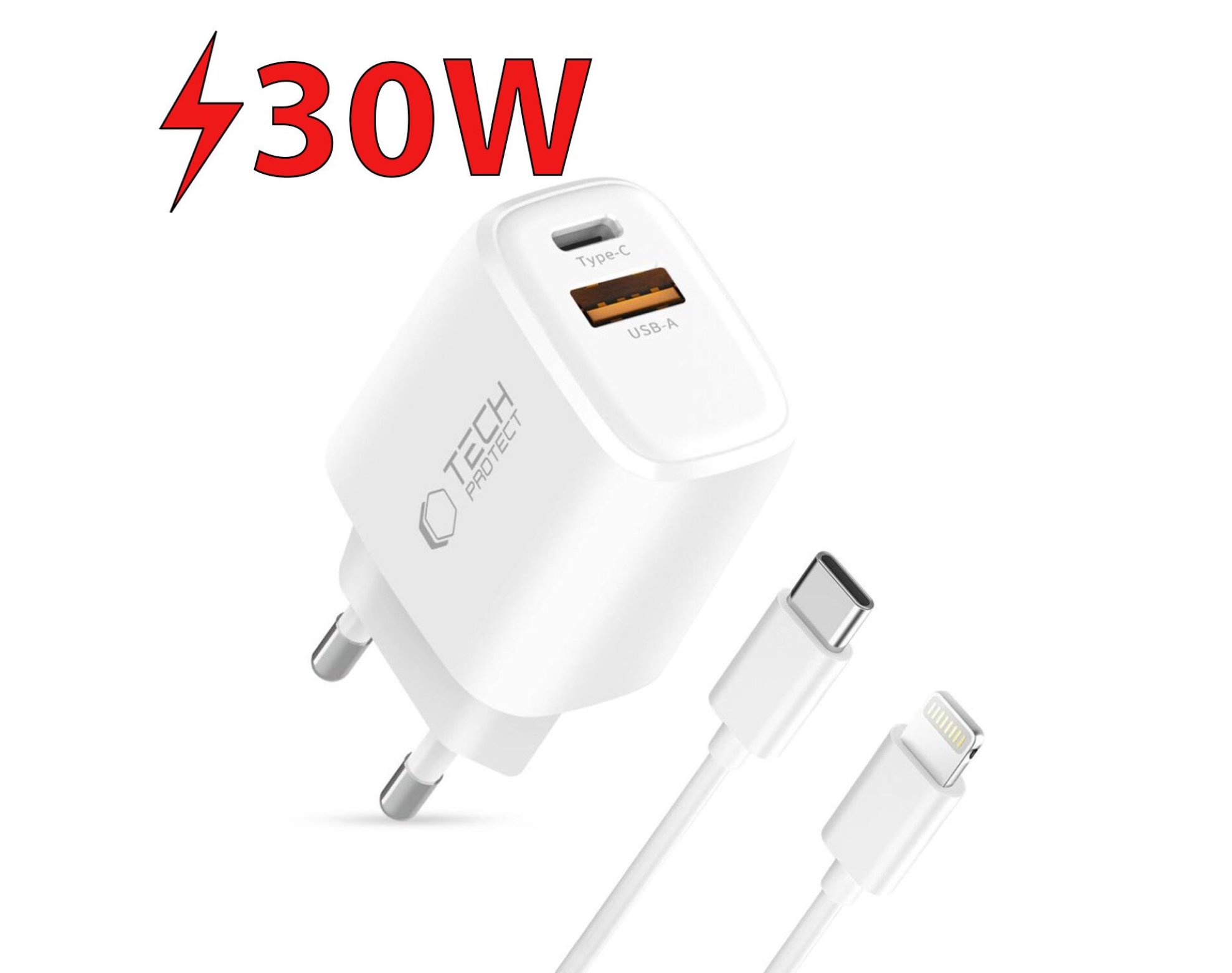 Ładowarka sieciowa TECH-PROTECT NCA30 PD 30W/QC3.0 + Kabel Lightning Biały