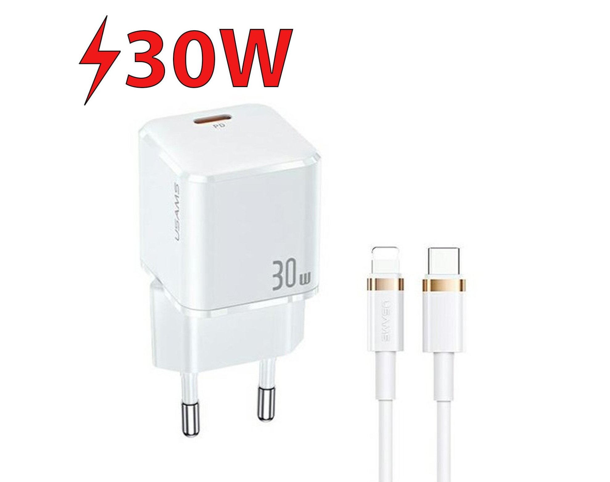 Ładowarka sieciowa USAMS T45 30W Biały + kabel USB-C - Lightning