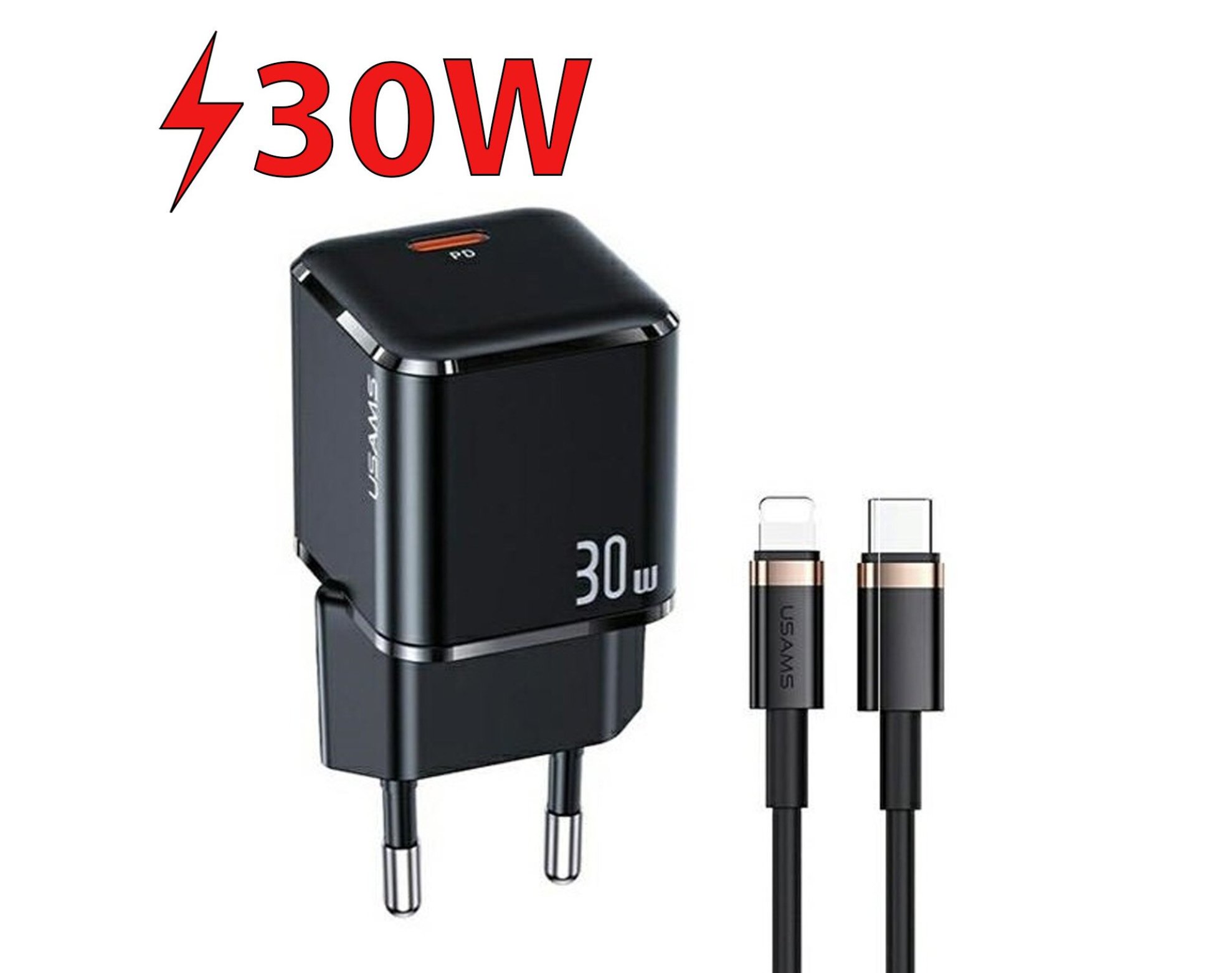Ładowarka sieciowa USAMS T45 30W Czarny + kabel USB-C - Lightning