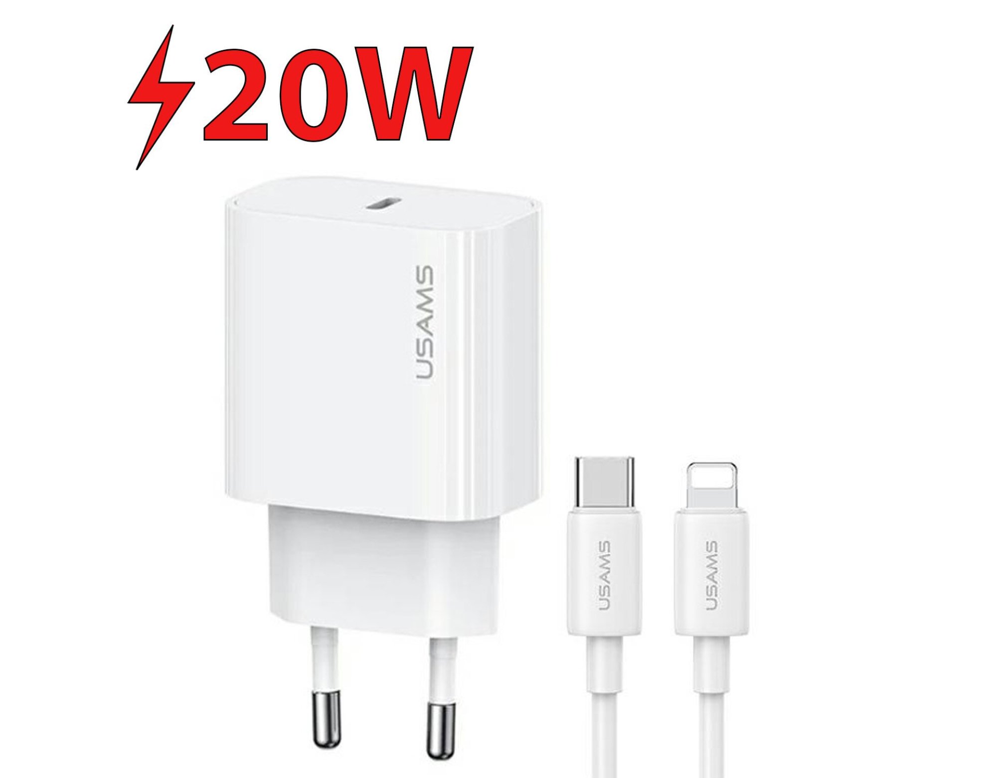 Ładowarka sieciowa USAMS T65 OYXLTZ02 20W Biały + Kabel UBS-C - Lightning