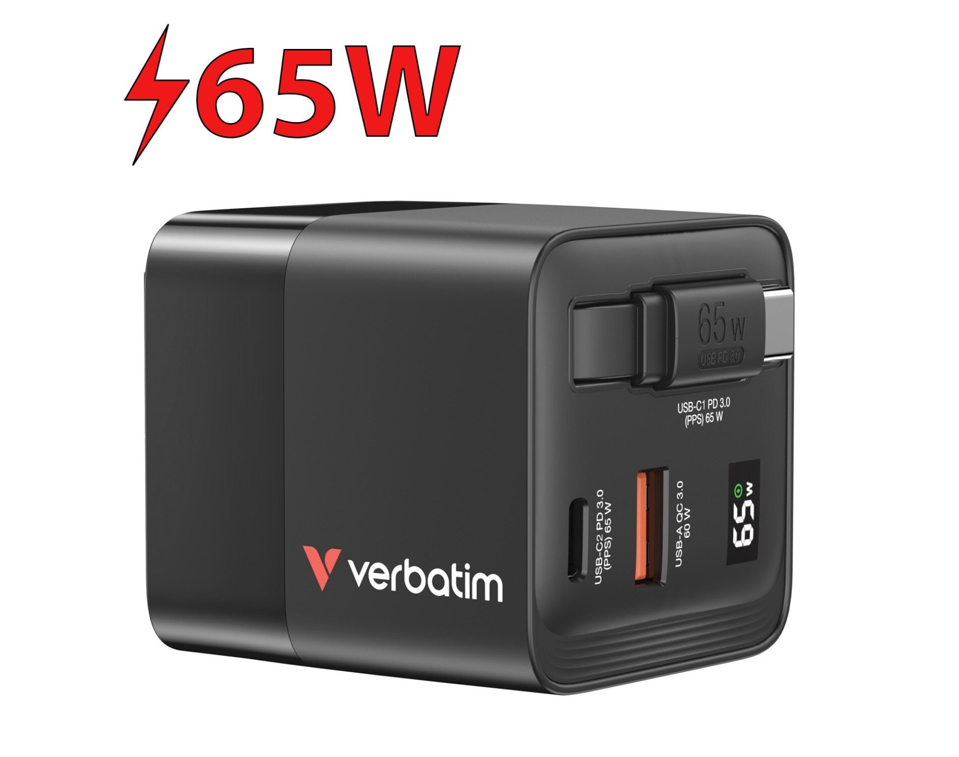 Ładowarka sieciowa VERBATIM GaN 65W + Adapter EU/UK/US Czarny